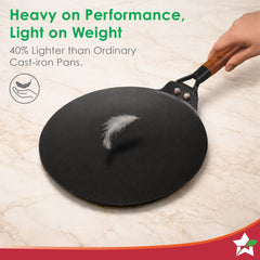 Ferro Light-weight Cast-iron Roti Tawa | 26cm | Pre-seasoned with 100% Vegetable Oil | 40% Lighter than Regular Cast-iron Cookware | Cool-touch Real Acacia Wood Handles | 10-Year Warranty