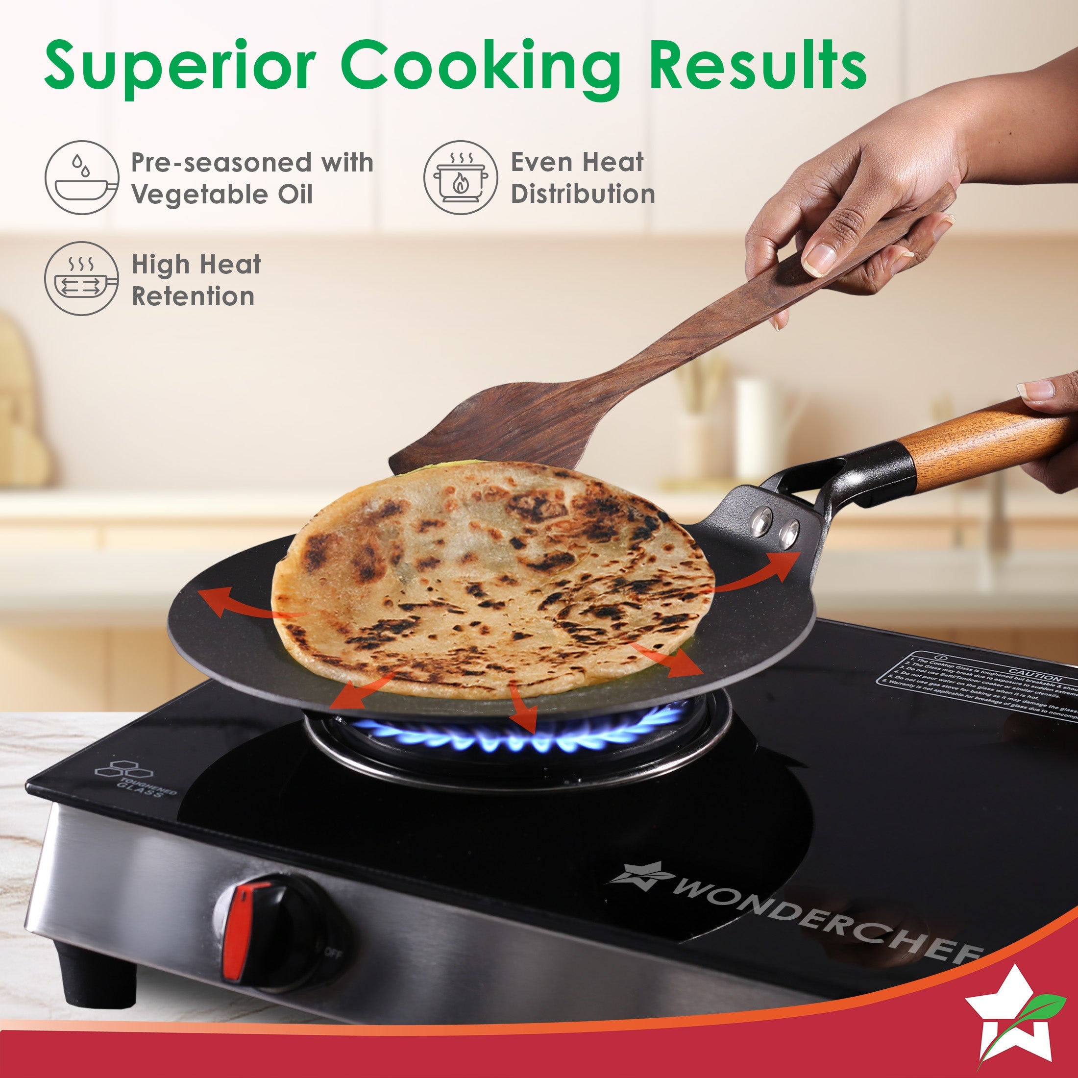 Ferro Light-weight Cast-iron Roti Tawa | 26cm | Pre-seasoned with 100% Vegetable Oil | 40% Lighter than Regular Cast-iron Cookware | Cool-touch Real Acacia Wood Handles | 10-Year Warranty
