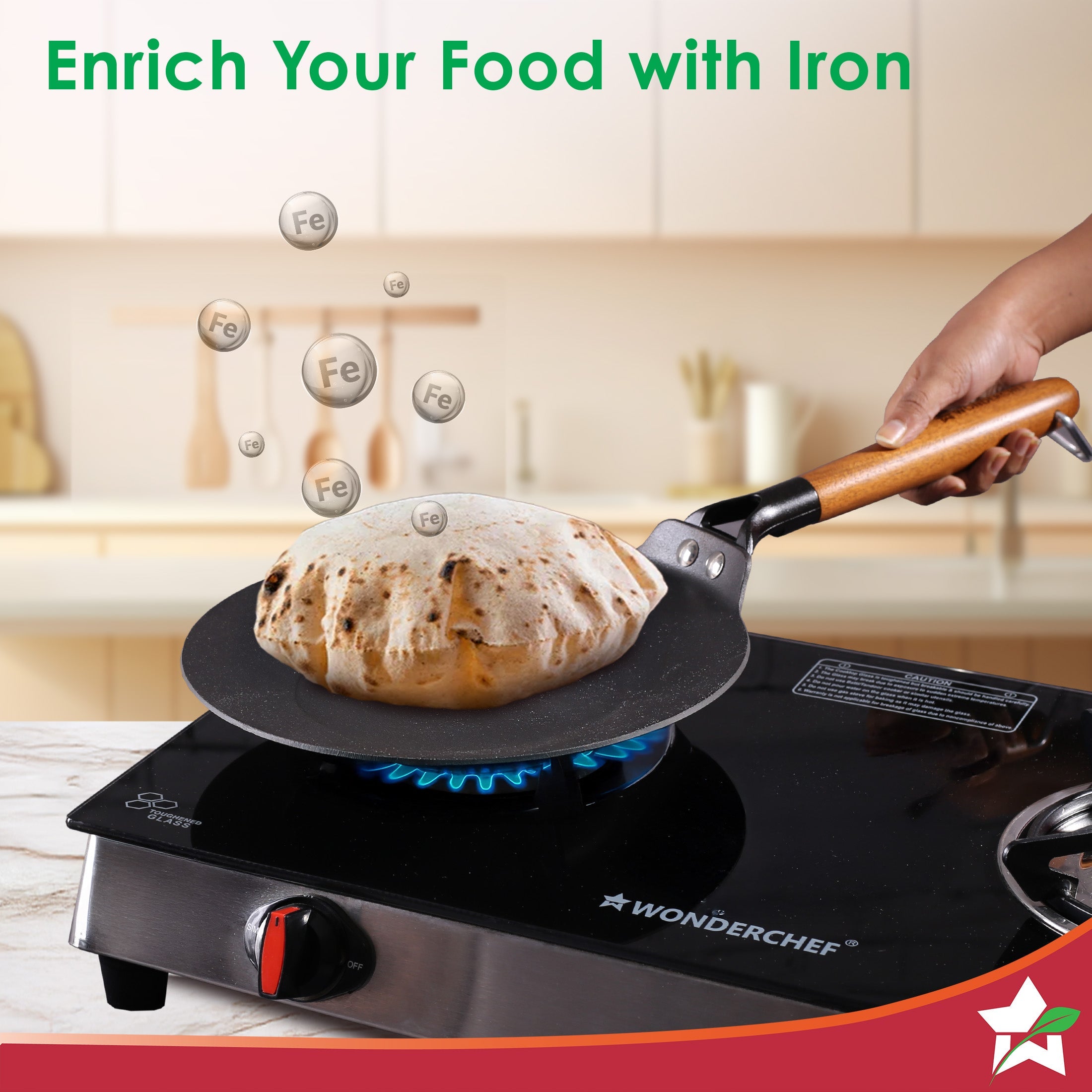 Ferro Light-weight Cast-iron Roti Tawa | 26cm | Pre-seasoned with 100% Vegetable Oil | 40% Lighter than Regular Cast-iron Cookware | Cool-touch Real Acacia Wood Handles | 10-Year Warranty