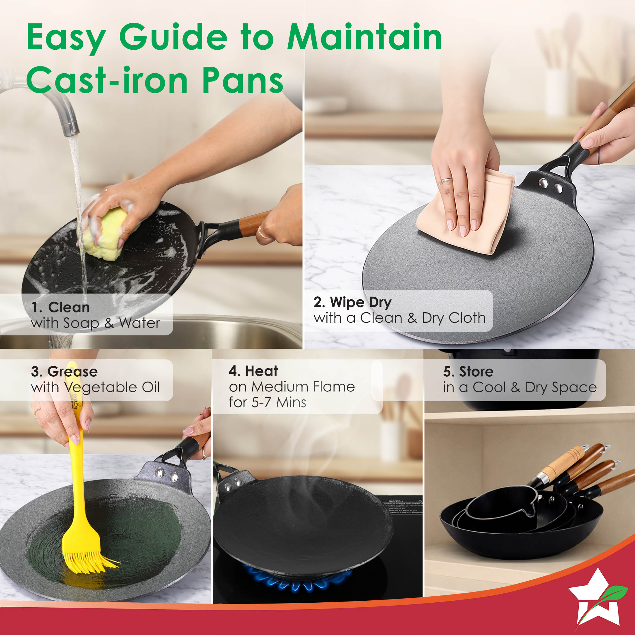 Ferro Light-weight Cast-iron Roti Tawa | 26cm | Pre-seasoned with 100% Vegetable Oil | 40% Lighter than Regular Cast-iron Cookware | Cool-touch Real Acacia Wood Handles | 10-Year Warranty