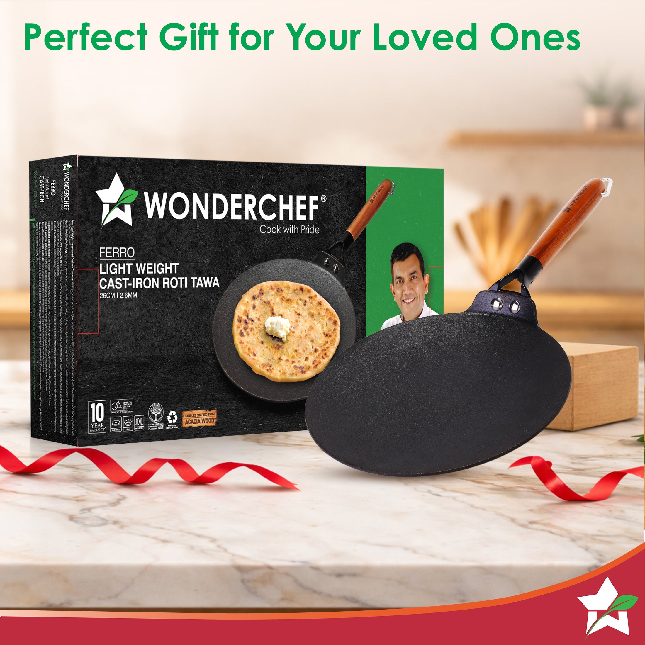 Ferro Light-weight Cast-iron Roti Tawa | 26cm | Pre-seasoned with 100% Vegetable Oil | 40% Lighter than Regular Cast-iron Cookware | Cool-touch Real Acacia Wood Handles | 10-Year Warranty