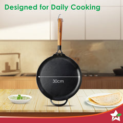 Ferro Light-weight Cast-iron Dosa Tawa | 30cm | Pre-seasoned with 100% Vegetable Oil | 40% Lighter than Regular Cast-iron Cookware | Cool-touch Real Acacia Wood Handles | 10-Year Warranty
