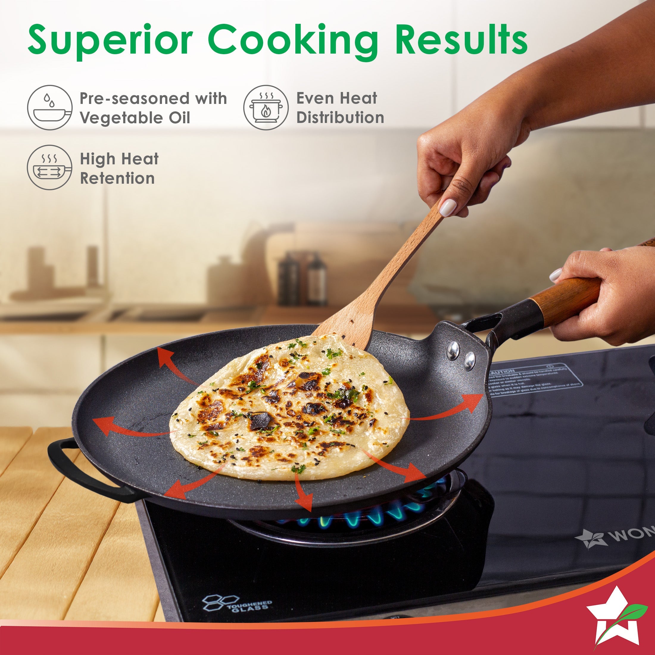 Ferro Light-weight Cast-iron Dosa Tawa | 30cm | Pre-seasoned with 100% Vegetable Oil | 40% Lighter than Regular Cast-iron Cookware | Cool-touch Real Acacia Wood Handles | 10-Year Warranty