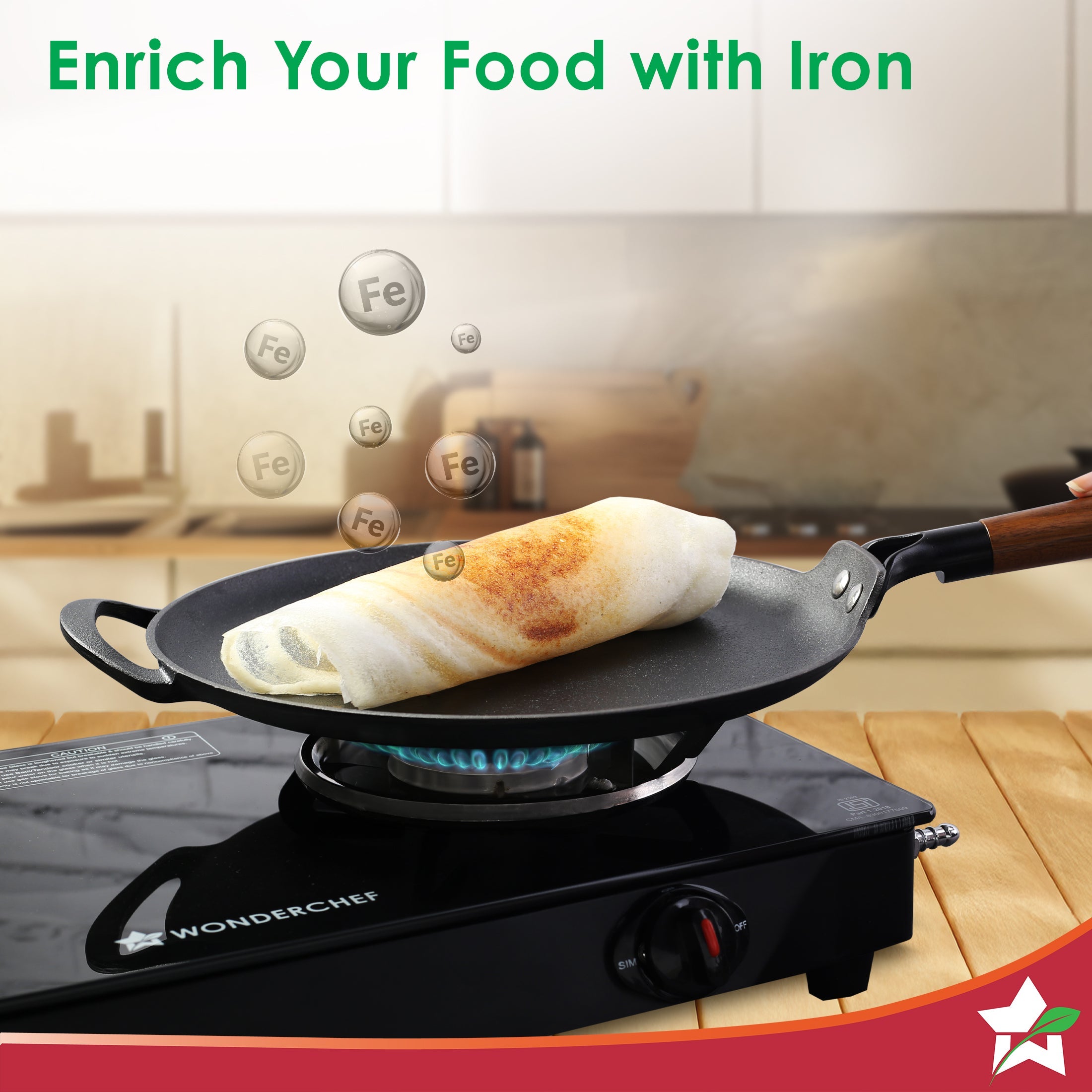 Ferro Light-weight Cast-iron Dosa Tawa | 30cm | Pre-seasoned with 100% Vegetable Oil | 40% Lighter than Regular Cast-iron Cookware | Cool-touch Real Acacia Wood Handles | 10-Year Warranty