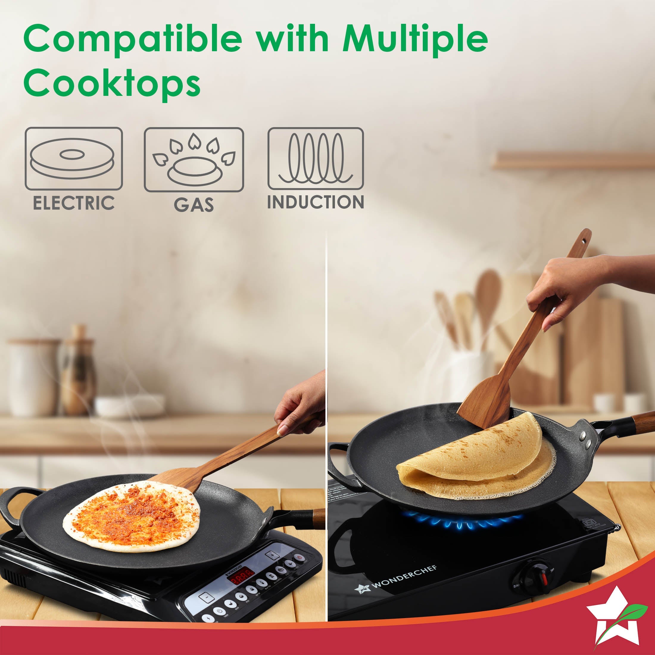 Ferro Light-weight Cast-iron Dosa Tawa | 30cm | Pre-seasoned with 100% Vegetable Oil | 40% Lighter than Regular Cast-iron Cookware | Cool-touch Real Acacia Wood Handles | 10-Year Warranty
