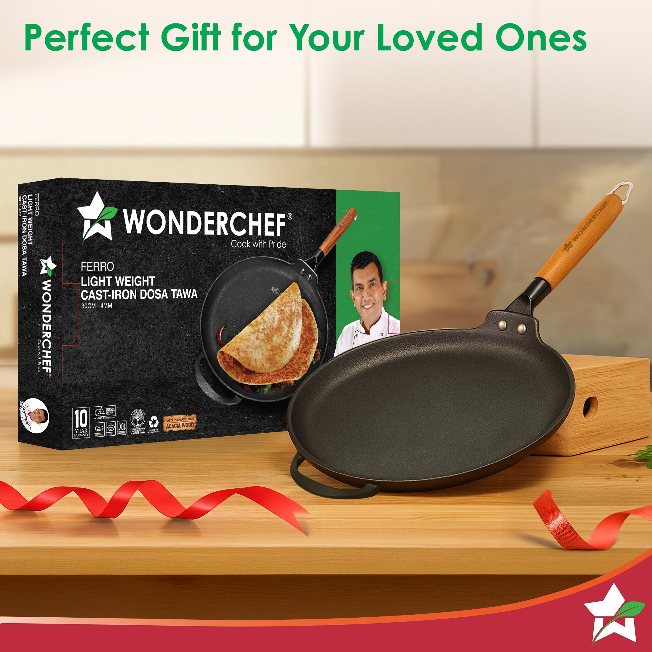 Ferro Light-weight Cast-iron Dosa Tawa | 30cm | Pre-seasoned with 100% Vegetable Oil | 40% Lighter than Regular Cast-iron Cookware | Cool-touch Real Acacia Wood Handles | 10-Year Warranty