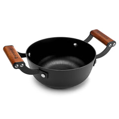 Ferro Light-weight Cast-iron Deep Kadhai, 18cm, 40% Lighter, Pre-seasoned with 100% Vegetable Oil, Non-toxic, Chemical-free, Induction-friendly, Long Cool-touch Wood Handles, 10-Yr Warranty