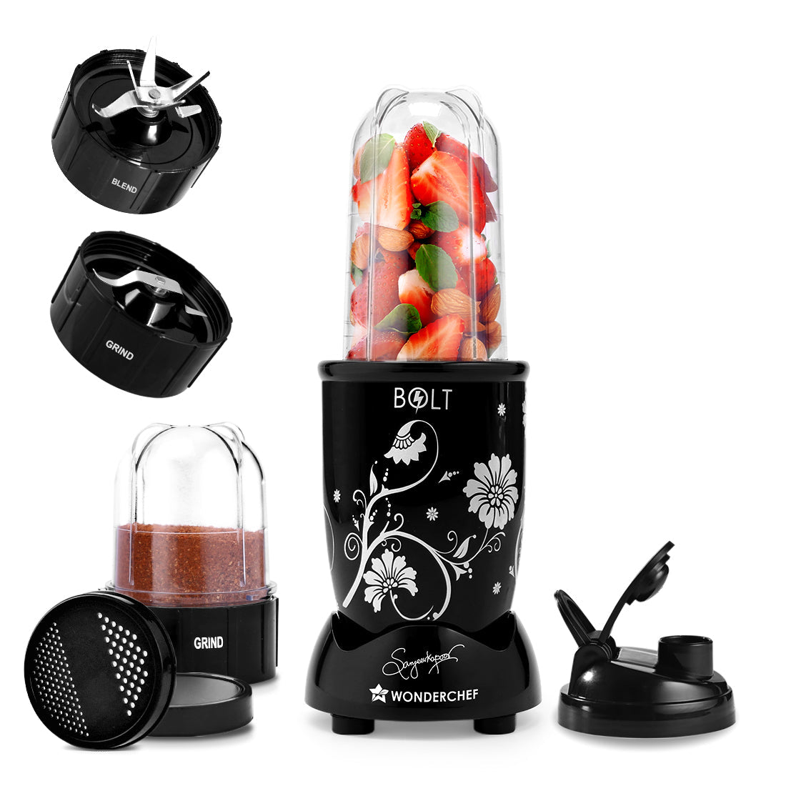 Nutri-blend BOLT Mixer, Grinder, Blender & Smoothie Maker | 600W 22000 RPM 100% Full Copper Motor | Stainless steel Blades | 2 unbreakable jars with Sipper lid | 2 Year warranty | Recipe book by Chef Sanjeev Kapoor | Black
