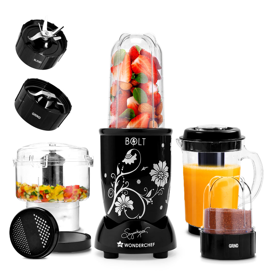 Nutri-blend BOLT-600W CKM Mixer with Chopper, Stronger & Swifter with Sipper Lid, 22000RPM 100% Full Copper Motor, 4 Unbreakable Jars, Sharper Steel Blades, Recipe Book by Chef Sanjeev Kapoor