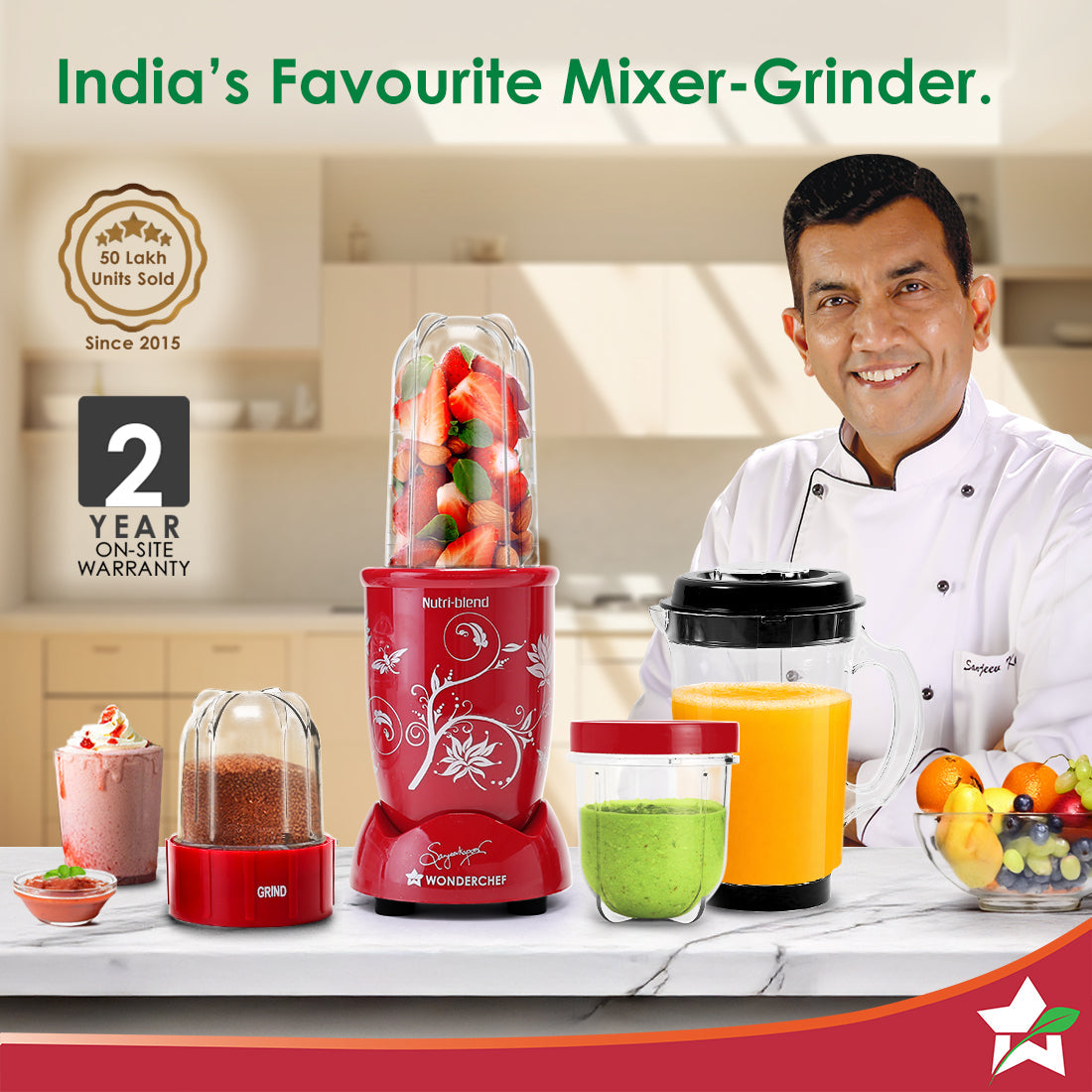 Nutri-blend 500W Mixer Grinder, 22000 RPM Motor, Smoothie Maker, Masala Grinder, Chutney Blender, 4 Unbreakable Jars, Recipe Book by Chef Sanjeev Kapoor, 2 Yr Warranty, Red
