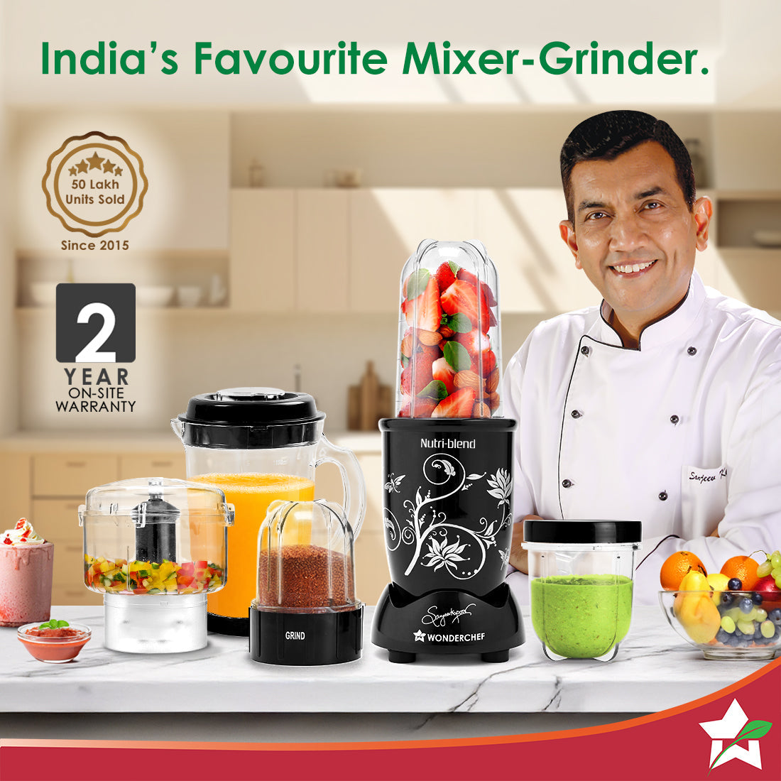 Nutri-blend Juicer, Mixer, Grinder, Smoothie Maker & Chopper | Complete Kitchen Machine | 22000 RPM Blender, Chopper, Juicer | 500W 100% Full Copper Motor | SS Blades | 4 Unbreakable Jars | 2 Years Warranty | Recipe Book By Chef Sanjeev Kapoor | Black