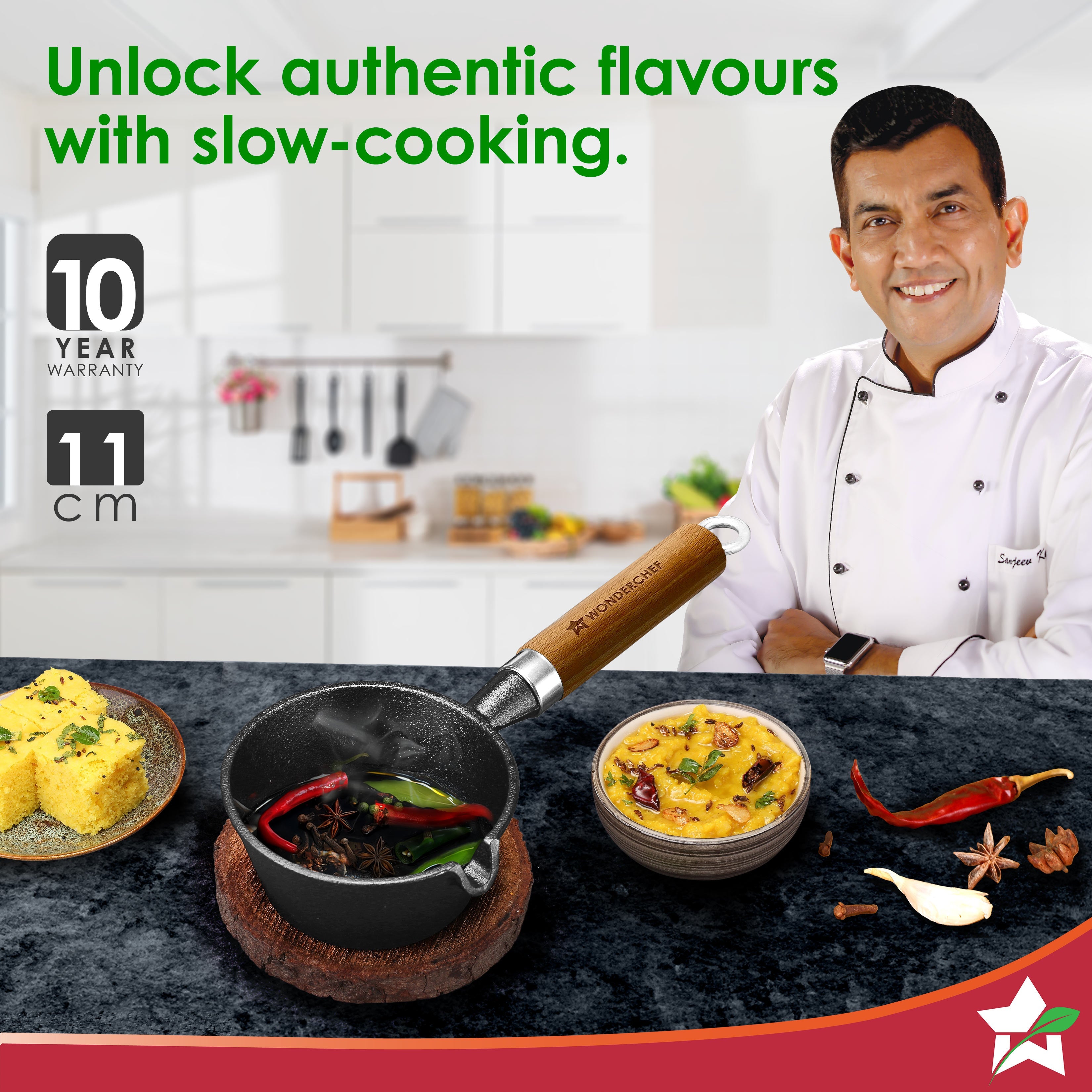 Ferro Light-weight Cast-iron Tadka Pan for Tempering, 40% Lighter, Pre-seasoned with 100% Vegetable Oil, Chemical-free, Induction-friendly, Long Cool-touch Wood Handles, 10-Yr Warranty