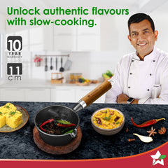 Ferro Light-weight Cast-iron Tadka Pan for Tempering, 40% Lighter, Pre-seasoned with 100% Vegetable Oil, Chemical-free, Induction-friendly, Long Cool-touch Wood Handles, 10-Yr Warranty
