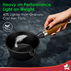Ferro Light-weight Cast-iron Tadka Pan for Tempering, 40% Lighter, Pre-seasoned with 100% Vegetable Oil, Chemical-free, Induction-friendly, Long Cool-touch Wood Handles, 10-Yr Warranty