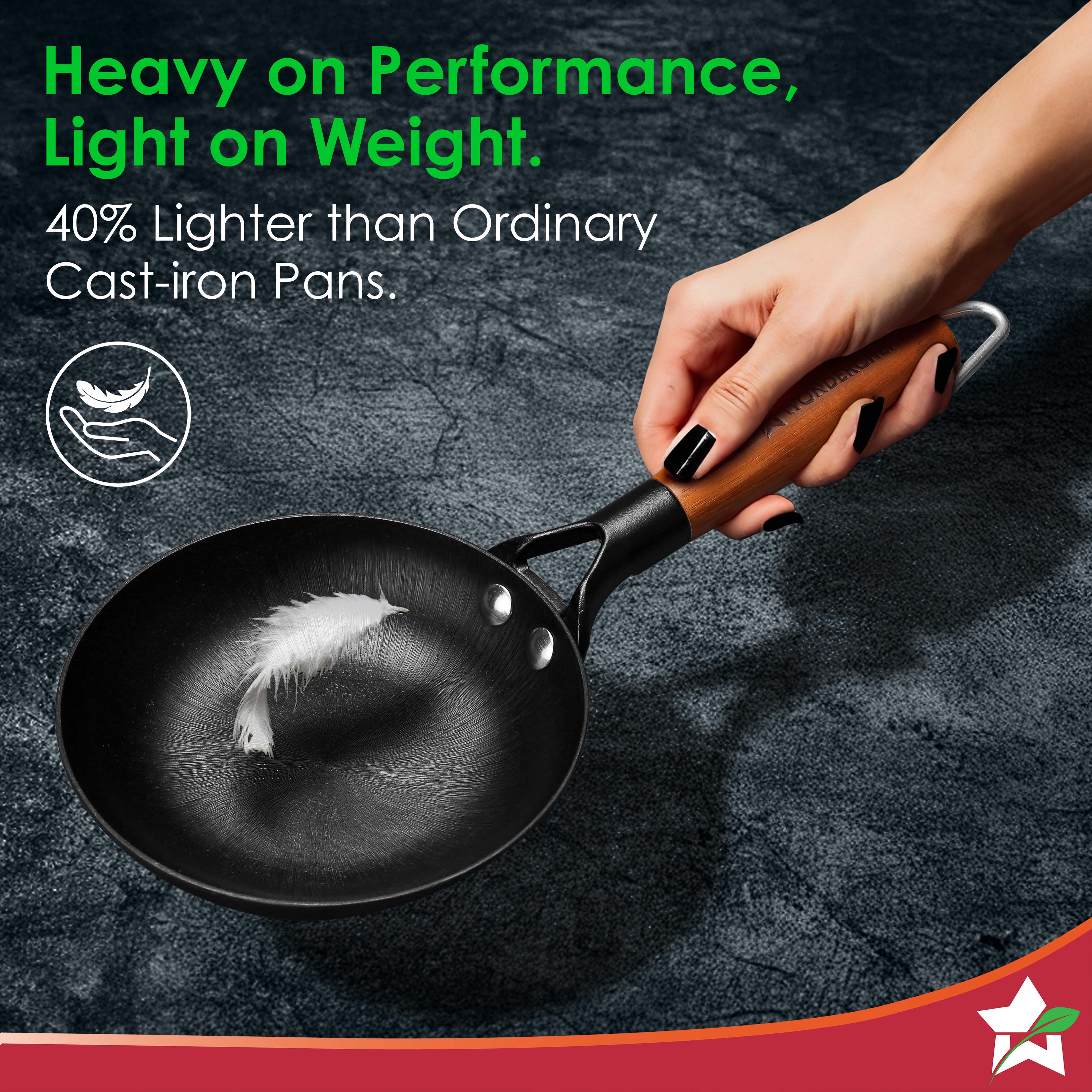 Pre-Seasoned Ferro Light 20cm Cast Iron Fry Pan | 800 ml | Acacia Wooden Handles | Gravity Moulding Technology | No Chemical Coating | 10 Year Warranty