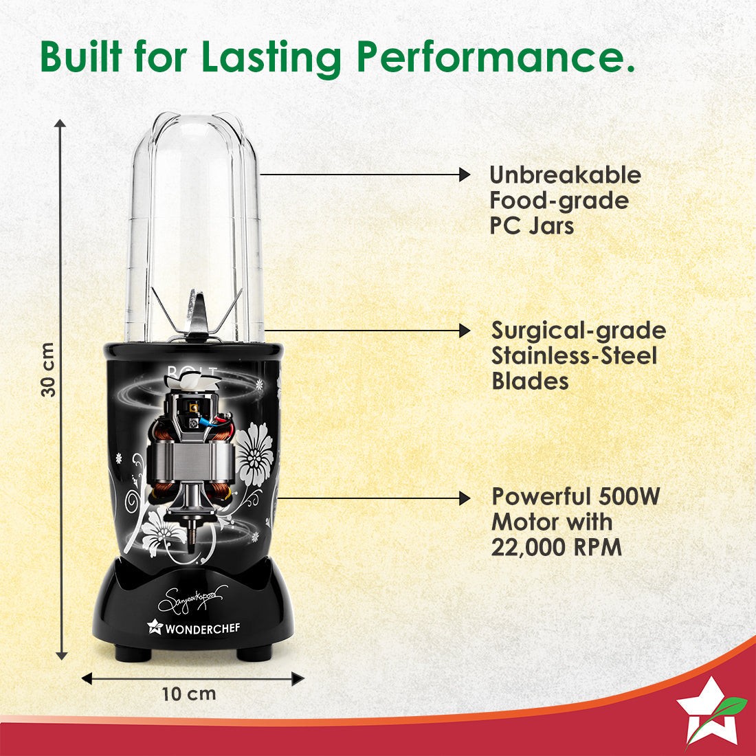 Nutri-blend BOLT Mixer, Grinder, Blender & Smoothie Maker | 600W 22000 RPM 100% Full Copper Motor | Stainless steel Blades | 2 unbreakable jars with Sipper lid | 2 Year warranty | Recipe book by Chef Sanjeev Kapoor | Black