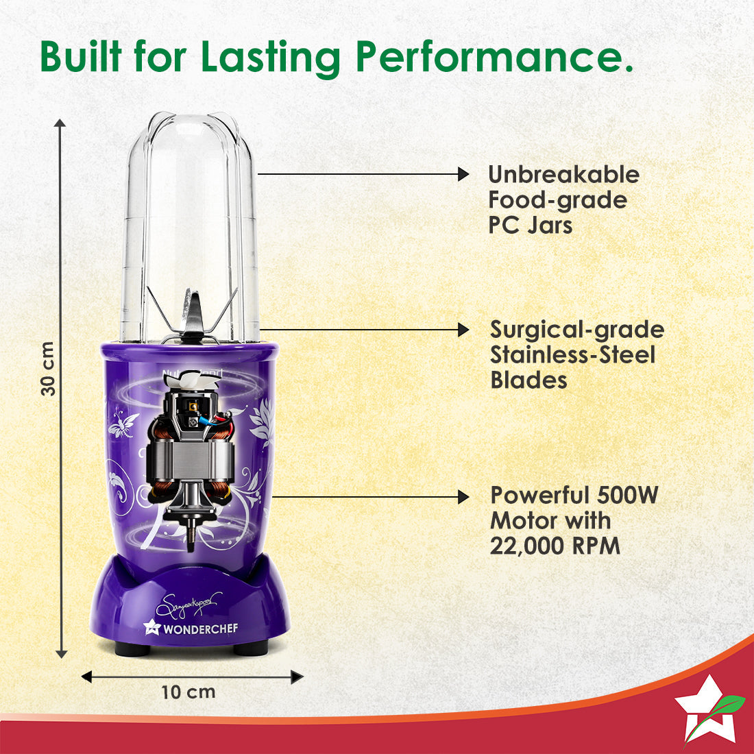 Nutri-blend 500W Mixer Grinder, 22000 RPM Motor, Smoothie Maker, Masala Grinder, Chutney Blender, 4 Unbreakable Jars, Recipe Book by Chef Sanjeev Kapoor, 2 Yr Warranty, Purple