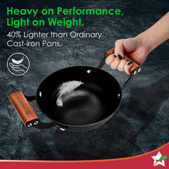 Pre-Seasoned Ferro Light 24cm Kadhai | 2.3L | Acacia Wooden Handles | Gravity Moulding Technology | No Chemical Coating |10 Year Warranty