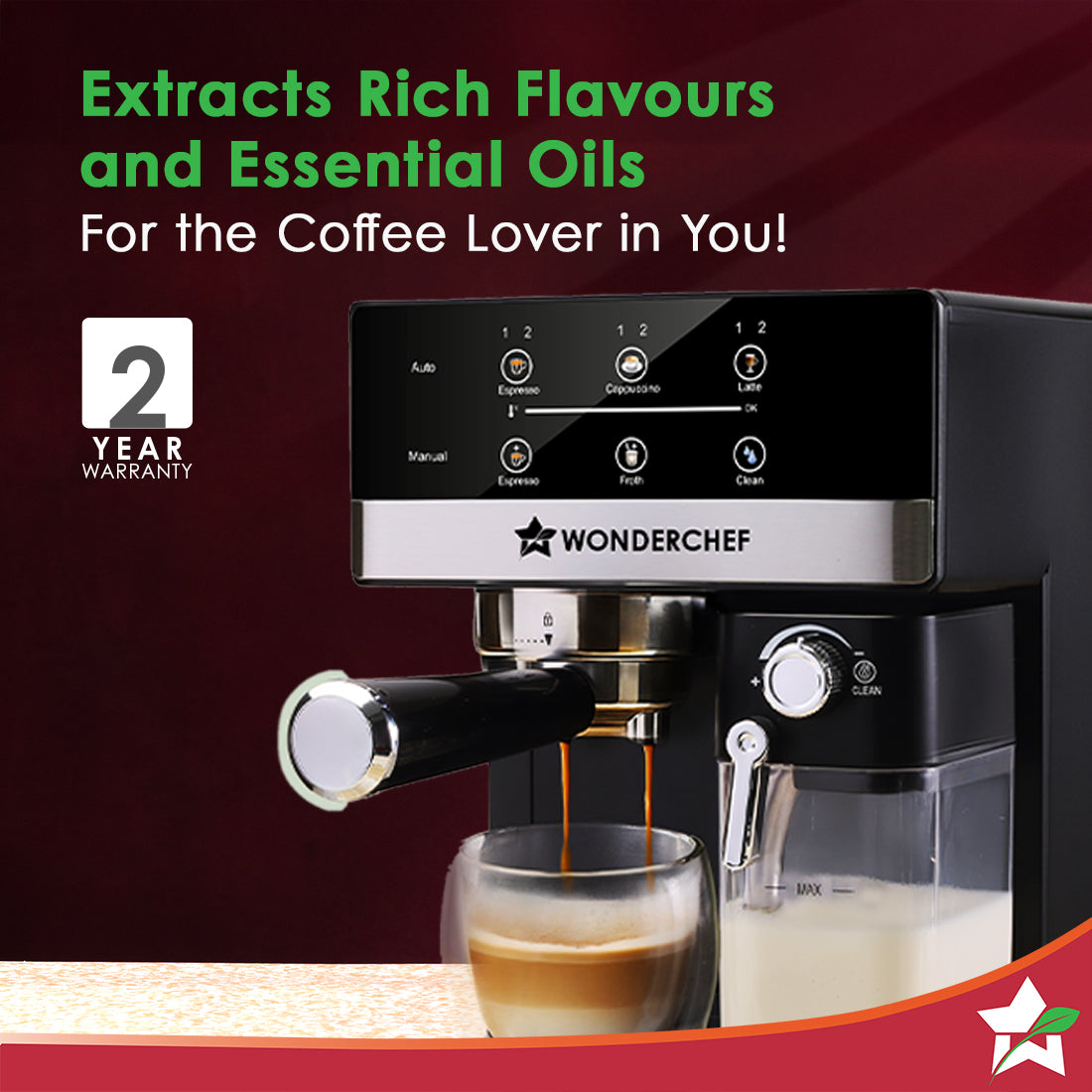 Regalia Automatic 20 Bar Coffee Maker with Auto Frother | Espresso, Cappuccino, Latte, Mocha | Built-in Milk container | 2 Thermostats |1.8L Water Tank|1200W | 2 Year Warranty
