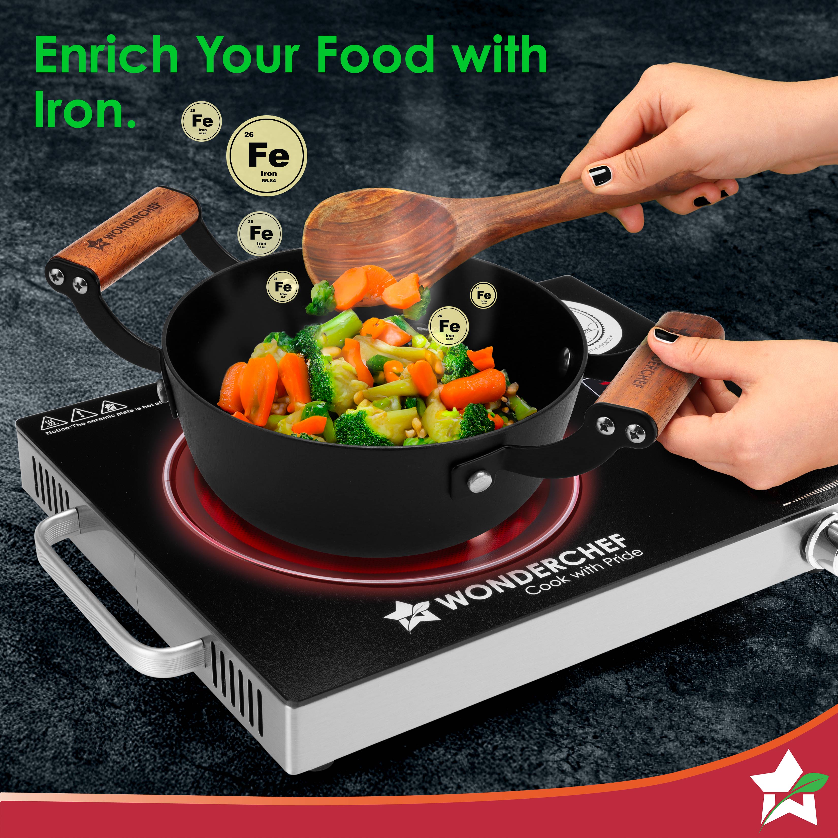 Ferro Light-weight Cast-iron Deep Kadhai, 18cm, 40% Lighter, Pre-seasoned with 100% Vegetable Oil, Non-toxic, Chemical-free, Induction-friendly, Long Cool-touch Wood Handles, 10-Yr Warranty
