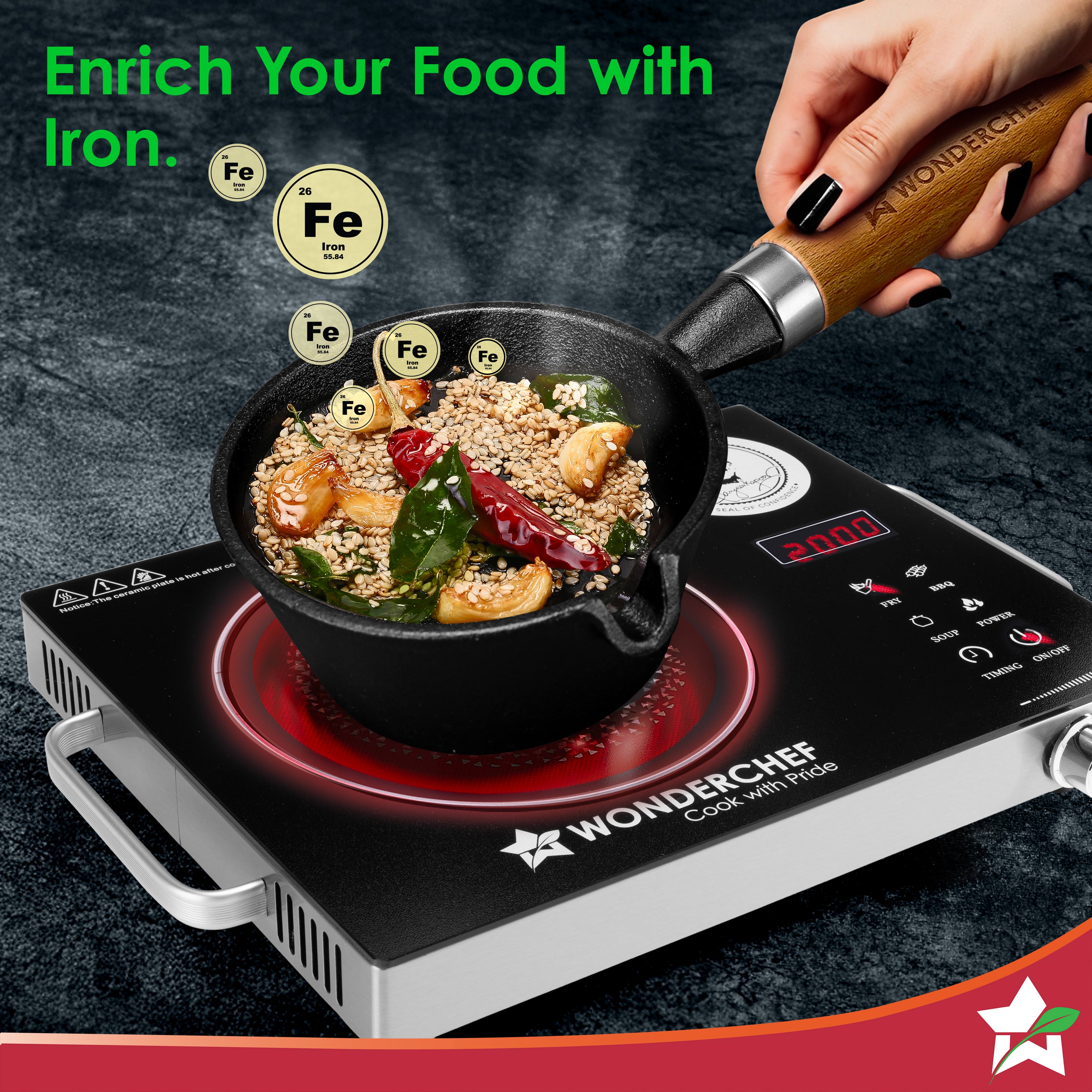 Ferro Light-weight Cast-iron Tadka Pan for Tempering, 40% Lighter, Pre-seasoned with 100% Vegetable Oil, Chemical-free, Induction-friendly, Long Cool-touch Wood Handles, 10-Yr Warranty