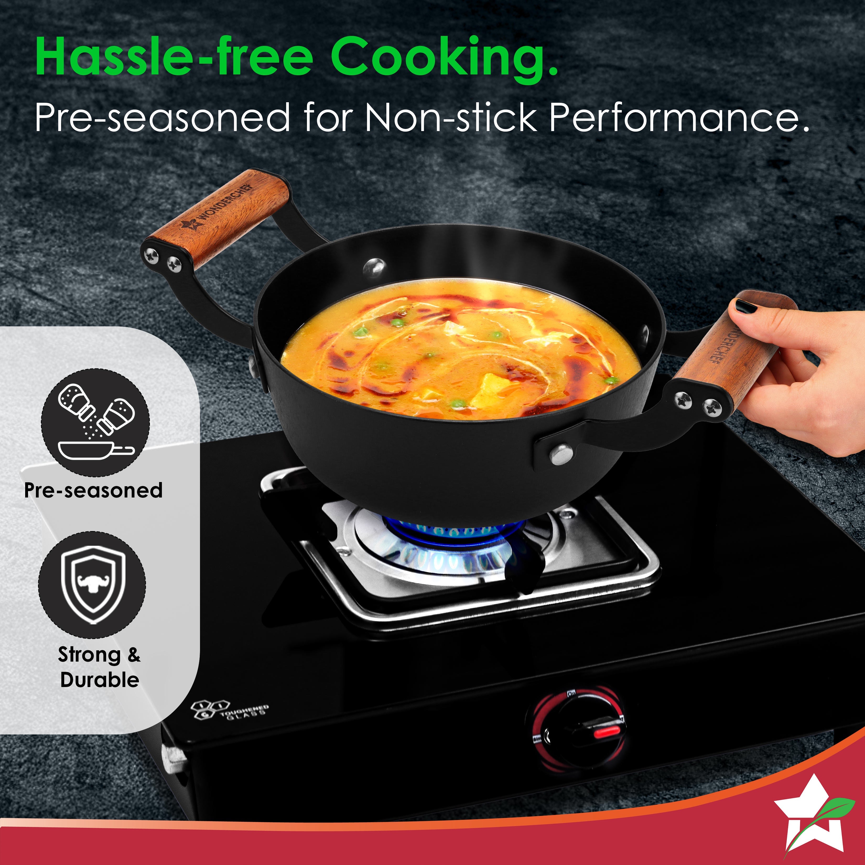 Ferro Light-weight Cast-iron Deep Kadhai, 20cm, 40% Lighter, Pre-seasoned with 100% Vegetable Oil, Non-toxic, Chemical-free, Induction-friendly, Long Cool-touch Wood Handles, 10-Yr Warranty