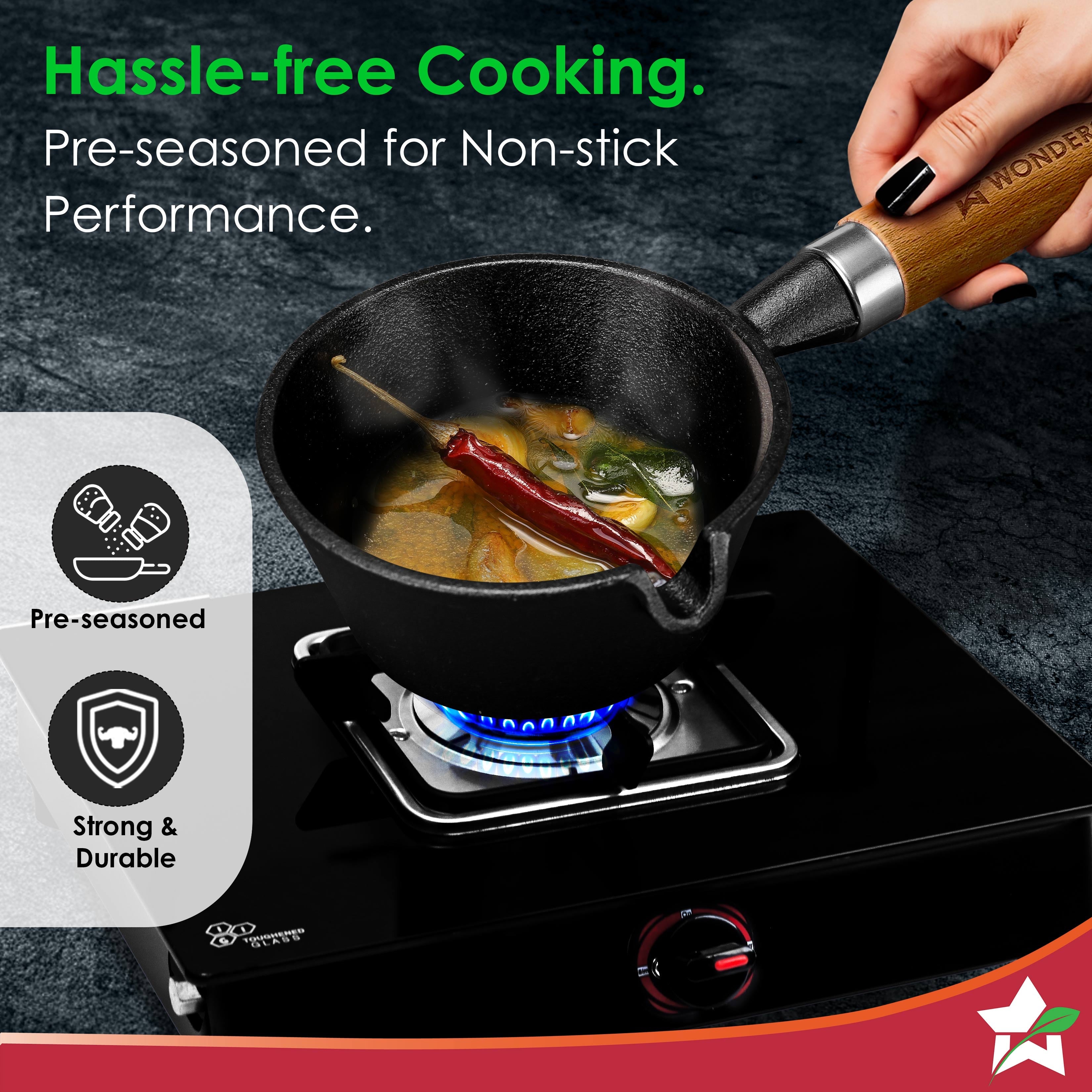Ferro Light-weight Cast-iron Tadka Pan for Tempering, 40% Lighter, Pre-seasoned with 100% Vegetable Oil, Chemical-free, Induction-friendly, Long Cool-touch Wood Handles, 10-Yr Warranty