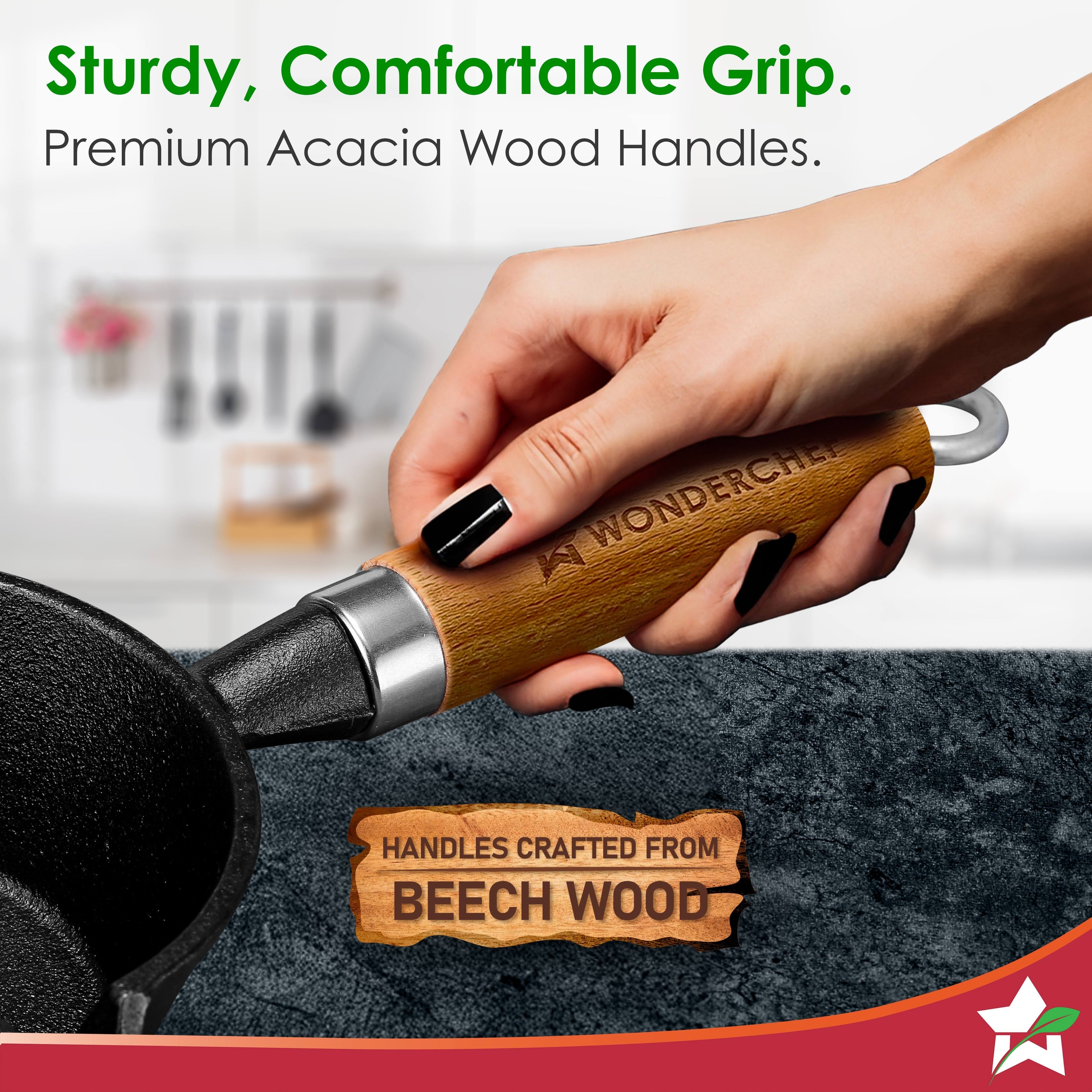 Ferro Light-weight Cast-iron Tadka Pan for Tempering, 40% Lighter, Pre-seasoned with 100% Vegetable Oil, Chemical-free, Induction-friendly, Long Cool-touch Wood Handles, 10-Yr Warranty