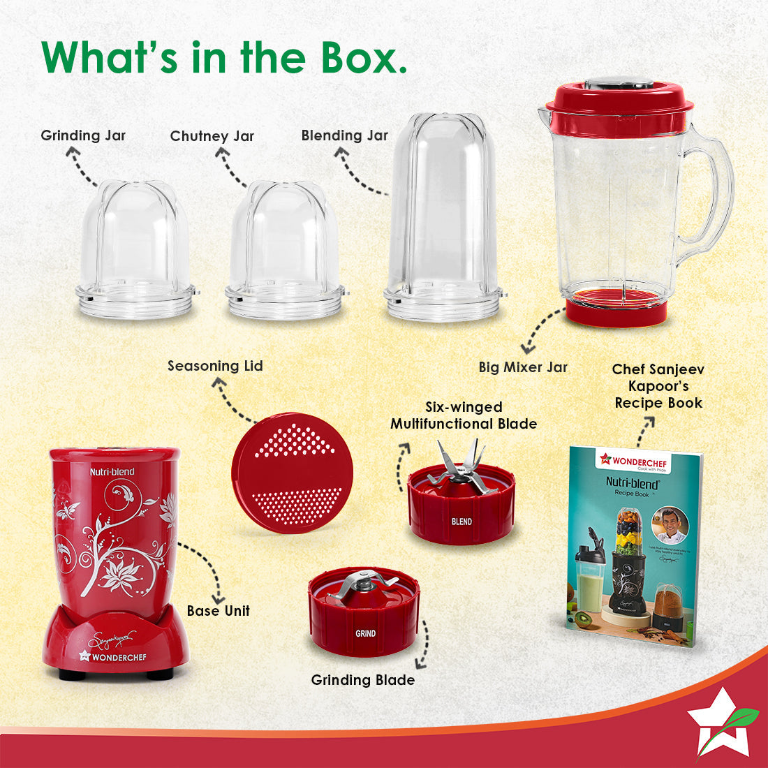 Nutri-blend 500W Mixer Grinder, 22000 RPM Motor, Smoothie Maker, Masala Grinder, Chutney Blender, 4 Unbreakable Jars, Recipe Book by Chef Sanjeev Kapoor, 2 Yr Warranty, Red