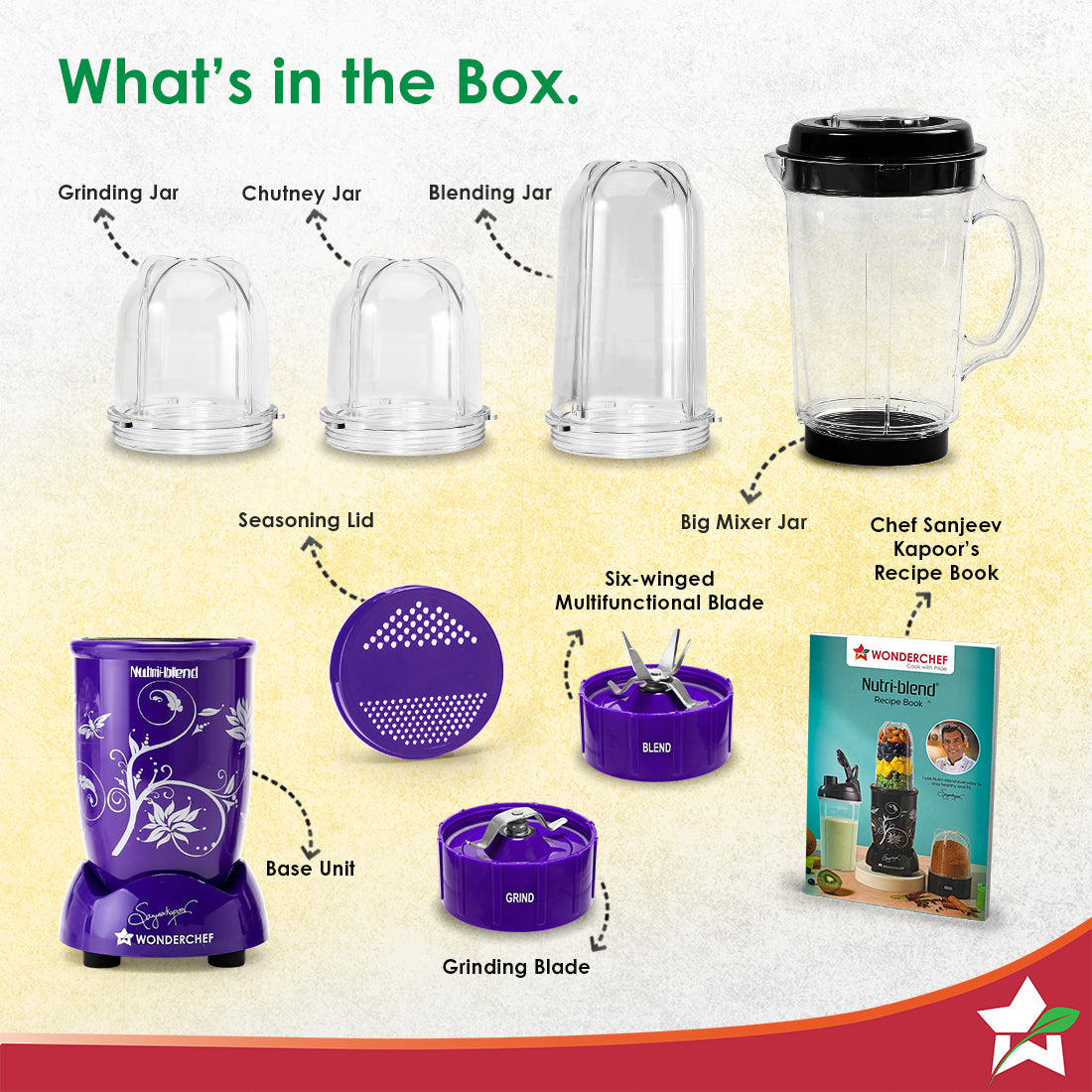Nutri-blend 500W Mixer Grinder, 22000 RPM Motor, Smoothie Maker, Masala Grinder, Chutney Blender, 4 Unbreakable Jars, Recipe Book by Chef Sanjeev Kapoor, 2 Yr Warranty, Purple