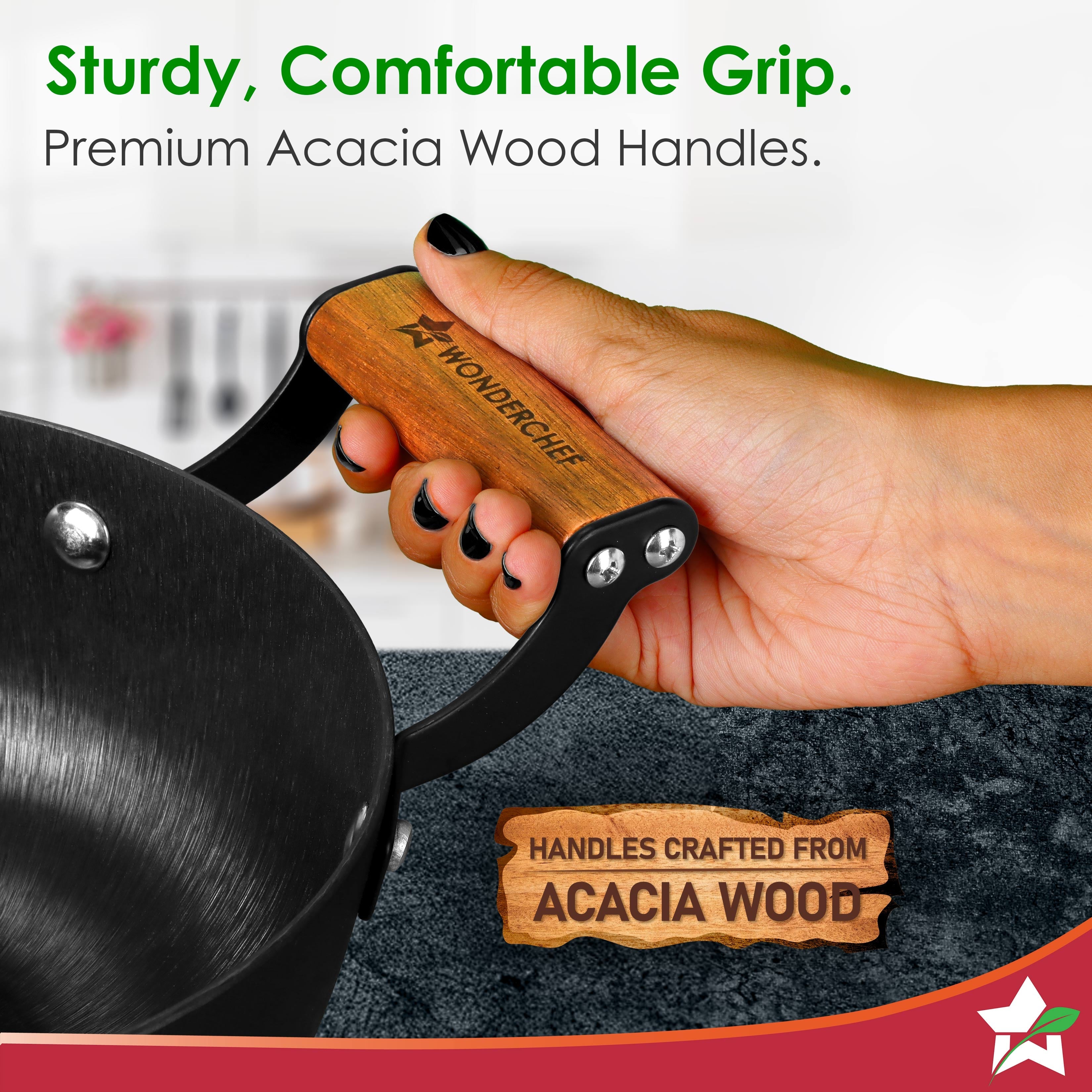 Ferro Light-weight Cast-iron Deep Kadhai, 18cm, 40% Lighter, Pre-seasoned with 100% Vegetable Oil, Non-toxic, Chemical-free, Induction-friendly, Long Cool-touch Wood Handles, 10-Yr Warranty