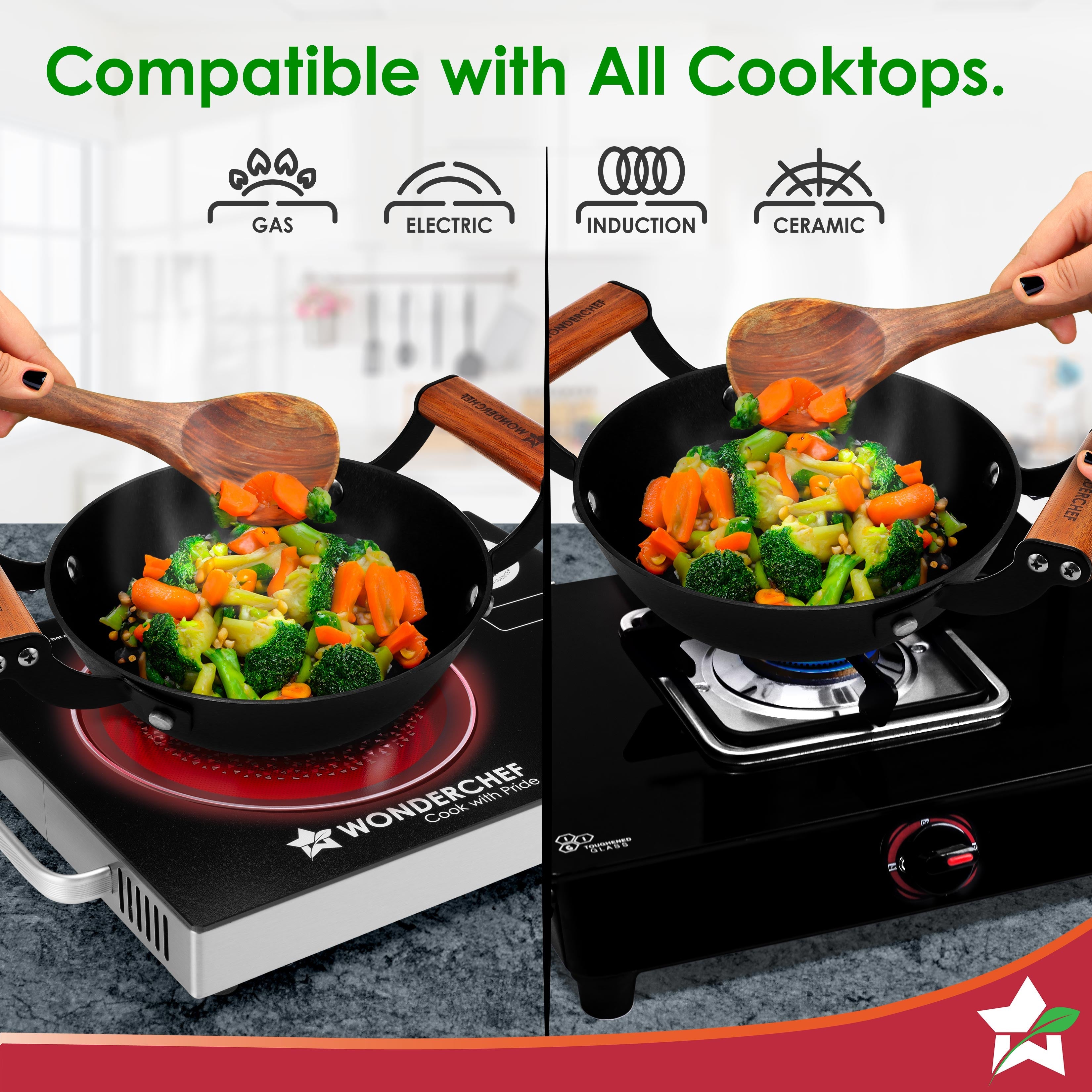 Ferro Light-weight Cast-iron Kadhai, 18cm, 40% Lighter, Pre-seasoned with 100% Vegetable Oil, Non-toxic, Chemical-free, Induction-friendly, Long Cool-touch Wood Handles, 10-Yr Warranty
