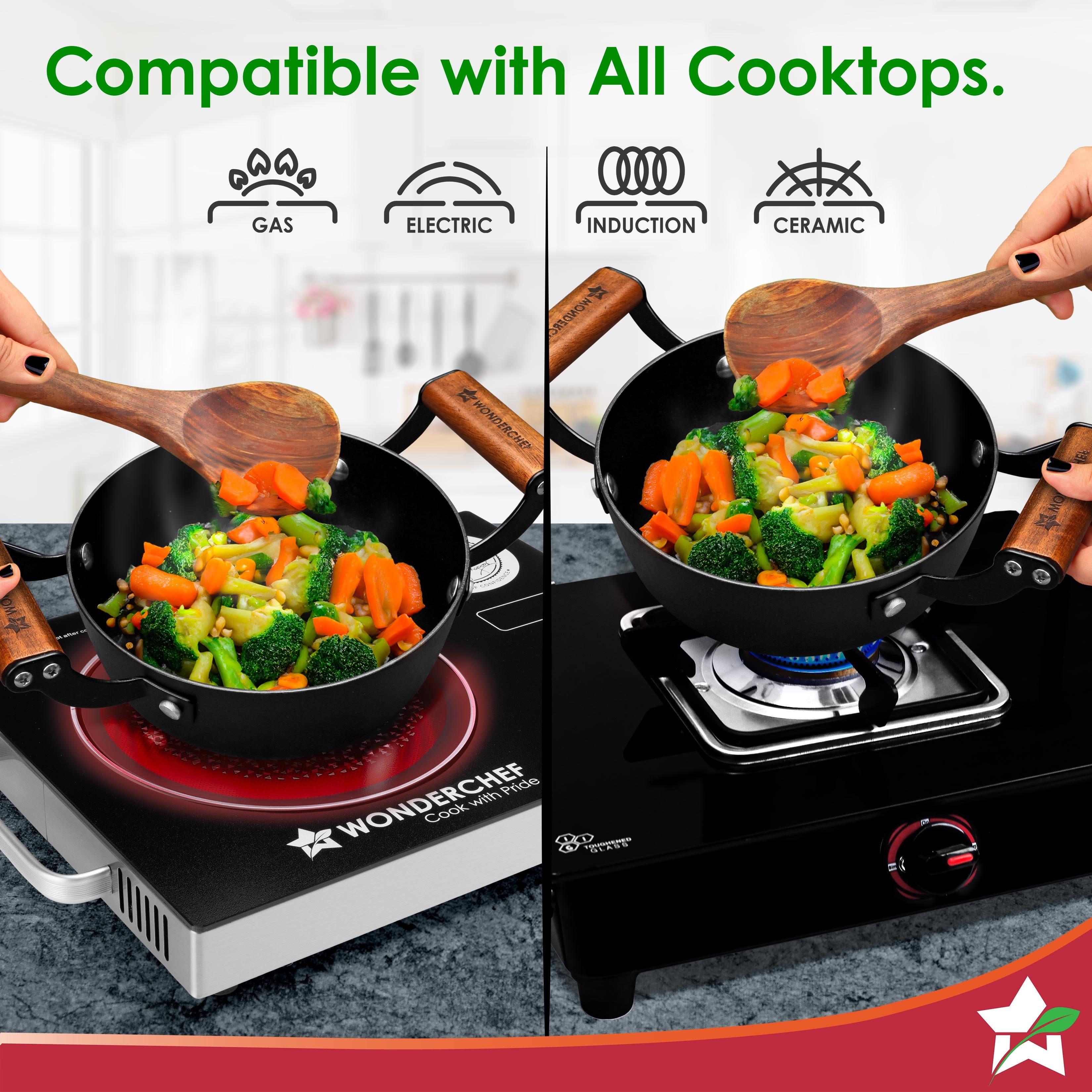 Ferro Light-weight Cast-iron Deep Kadhai, 18cm, 40% Lighter, Pre-seasoned with 100% Vegetable Oil, Non-toxic, Chemical-free, Induction-friendly, Long Cool-touch Wood Handles, 10-Yr Warranty