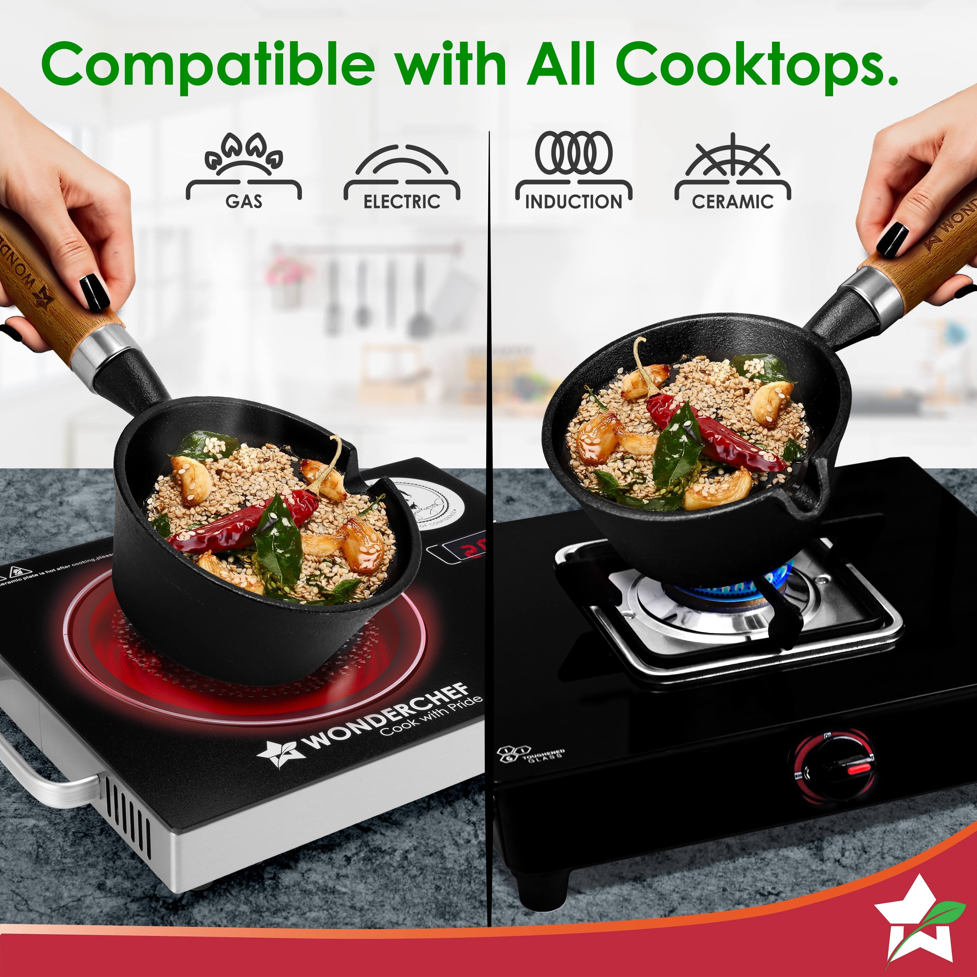 Ferro Light-weight Cast-iron Tadka Pan for Tempering, 40% Lighter, Pre-seasoned with 100% Vegetable Oil, Chemical-free, Induction-friendly, Long Cool-touch Wood Handles, 10-Yr Warranty