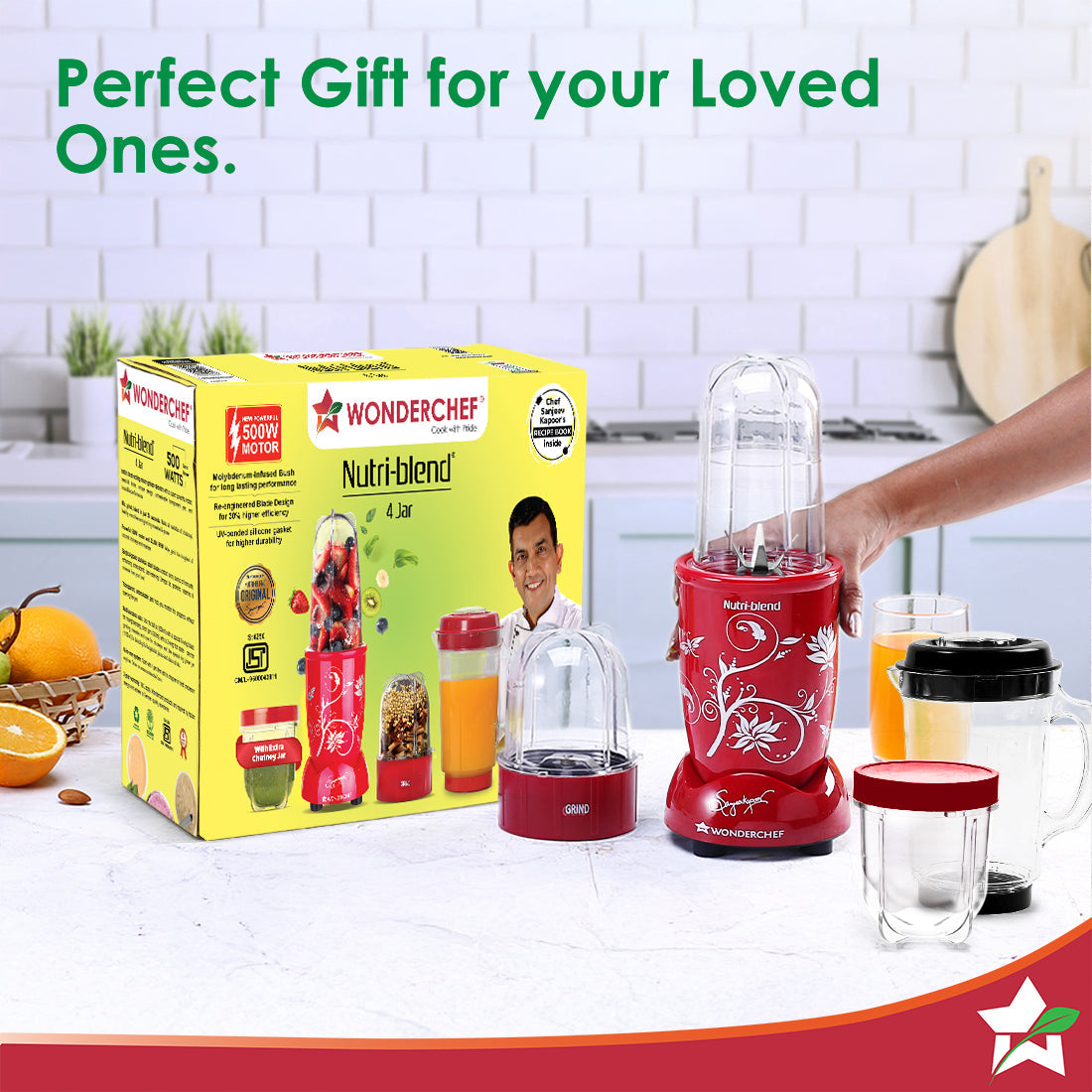 Nutri-blend 500W Mixer Grinder, 22000 RPM Motor, Smoothie Maker, Masala Grinder, Chutney Blender, 4 Unbreakable Jars, Recipe Book by Chef Sanjeev Kapoor, 2 Yr Warranty, Red