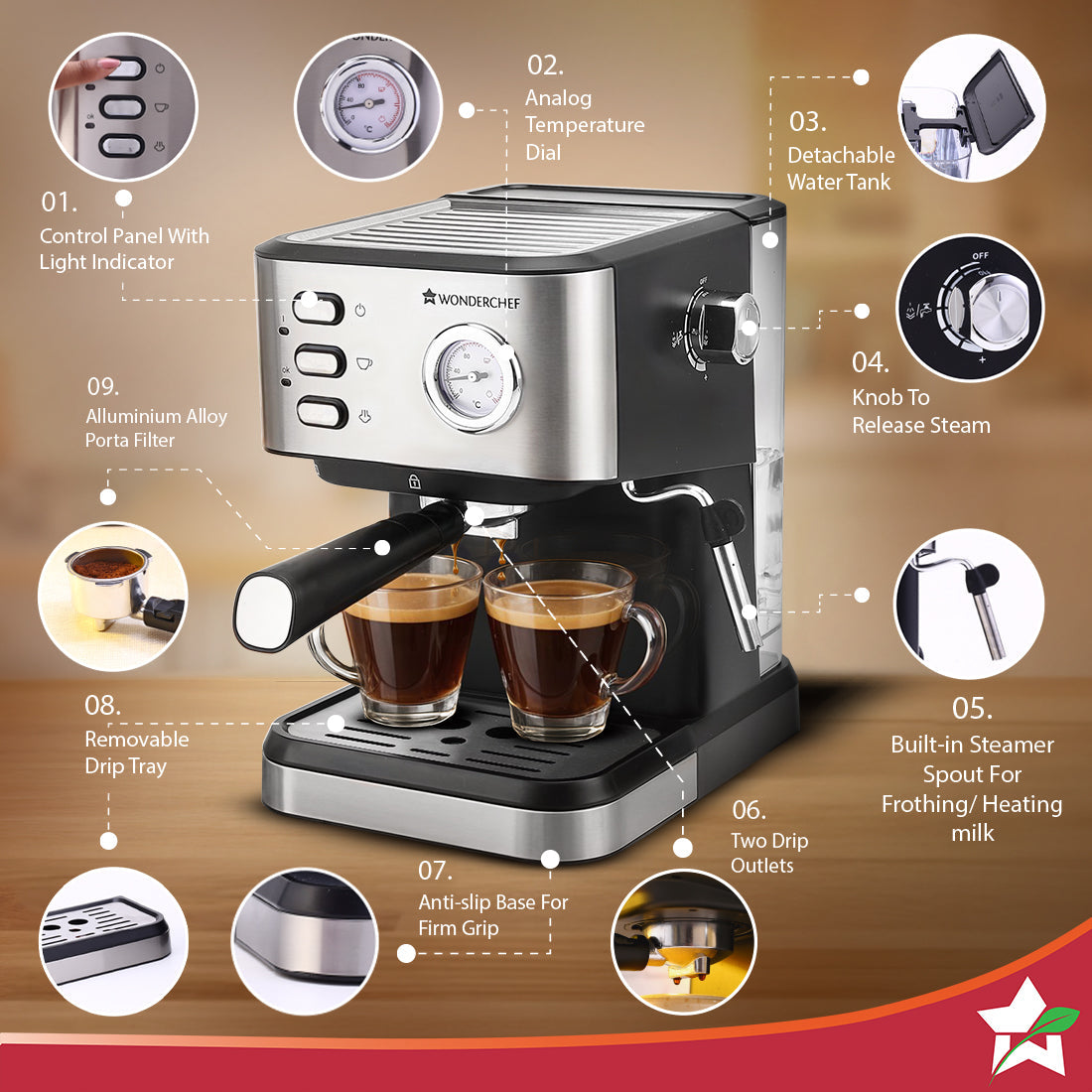 Regenta 19 bar Espresso Coffee Maker | Espresso, Cappuccino, Latte, Mocha, Cold Coffee| Adjustable Milk Frothing Steamer | Metal Porta Filter | 2 Thermostats | 1.5L Water Tank |1200W| 2 Year Warranty
