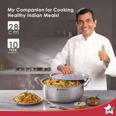 Premium Triply Stainless-steel Biryani Handi with Lid for Kitchen, 28cm 6.2L, Casserole for Slow Cooking, Dum Biryani, Gravies, Induction-friendly, Sturdy Handles, 10-Yr Warranty