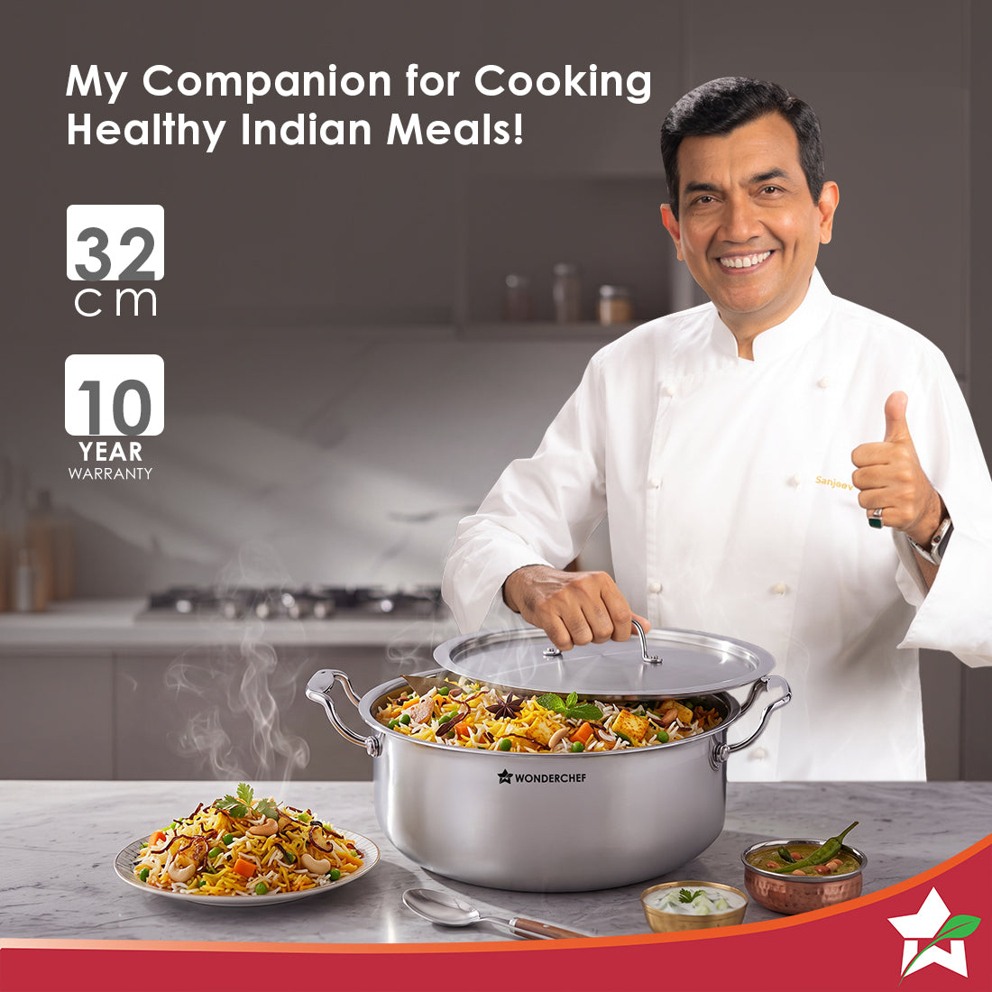 Premium Triply Stainless-steel Biryani Handi with Lid for Kitchen, 32cm 8.4L, Casserole for Slow Cooking, Dum Biryani, Gravies, Induction-friendly, Sturdy Handles, 10-Yr Warranty
