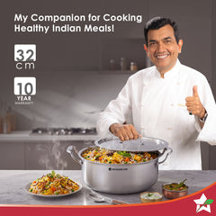 Premium Triply Stainless-steel Biryani Handi with Lid for Kitchen, 32cm 8.4L, Casserole for Slow Cooking, Dum Biryani, Gravies, Induction-friendly, Sturdy Handles, 10-Yr Warranty
