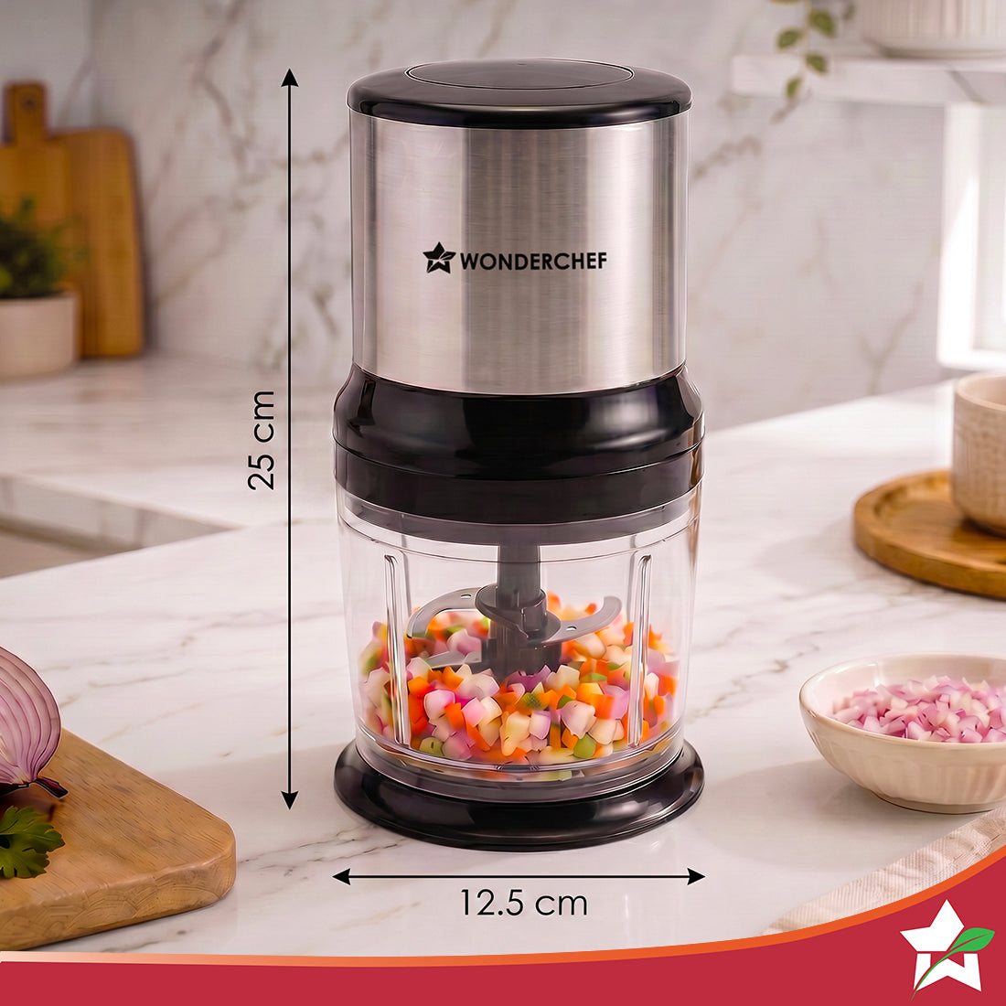 Inox Kitchen Vegetable Chopper, 350W Motor, Chopping/Mincing/Pureeing, Whisk Attachment for Whipping/Beating, Pulse Function for Coarse Chopping, Sharp Stainless-steel Blades, 2-Yr Warranty