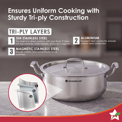 Premium Triply Stainless-steel Biryani Handi with Lid for Kitchen, 32cm 8.4L, Casserole for Slow Cooking, Dum Biryani, Gravies, Induction-friendly, Sturdy Handles, 10-Yr Warranty