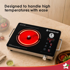 Renewed Evita Neo Infrared Electric Cooktop with Crystal Glass for Kitchens, 2200W, BBQ Grill Included, 4 Pre-set Functions, Compatible with Steel, Ceramic, Cast-iron, Aluminium Cookware, 1-Yr Warranty