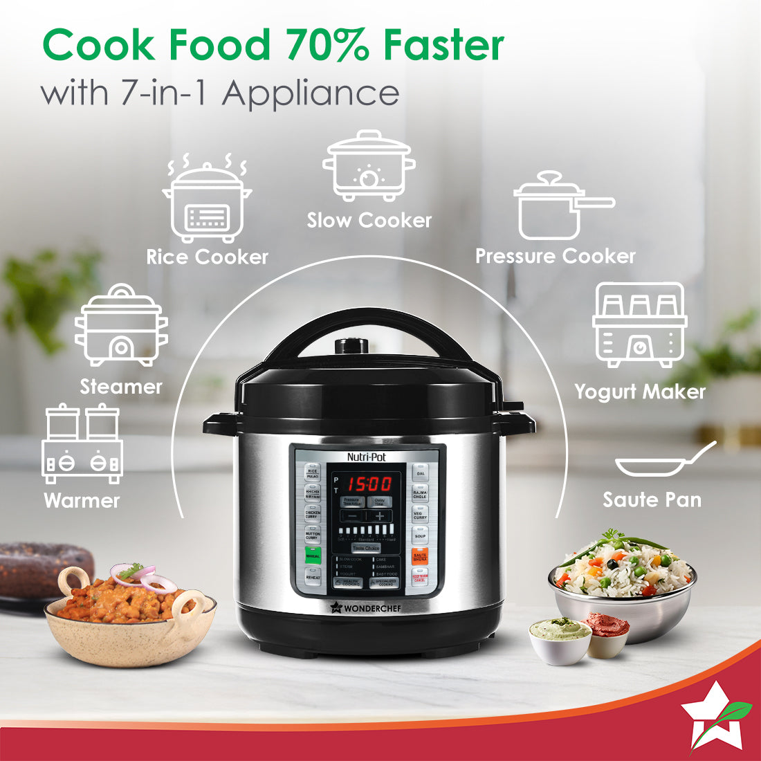 Nutri-pot 3L Electric Pressure Cooker, 18 Pre-set Options, 304 Stainless Steel Inner Pot, Slow Cook, Rice/Millets, Steam, Sauté, Dal/Khichdi/Yogurt Maker, Re-heat, Keep Warm, 2-Yr Warranty