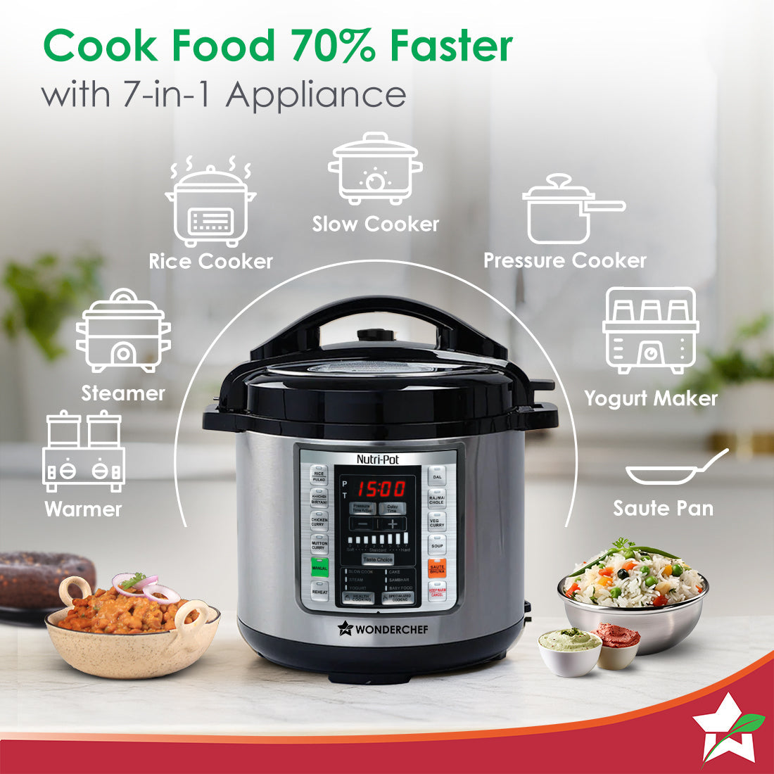 Nutri-pot 6L Electric Pressure Cooker, 18 Pre-set Options, 304 Stainless Steel Inner Pot, Slow Cook, Rice/Millets, Steam, Sauté, Dal/Khichdi/Yogurt Maker, Re-heat, Keep Warm, 2-Yr Warranty