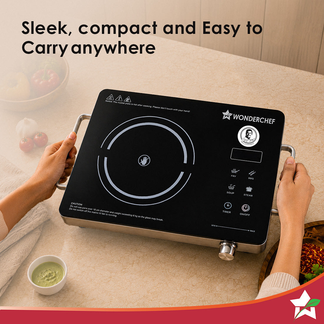 Renewed Evita Neo Infrared Electric Cooktop with Crystal Glass for Kitchens, 2200W, BBQ Grill Included, 4 Pre-set Functions, Compatible with Steel, Ceramic, Cast-iron, Aluminium Cookware, 1-Yr Warranty
