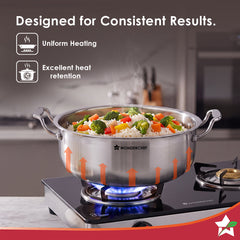 Premium Triply Stainless-steel Biryani Handi with Lid for Kitchen, 32cm 8.4L, Casserole for Slow Cooking, Dum Biryani, Gravies, Induction-friendly, Sturdy Handles, 10-Yr Warranty