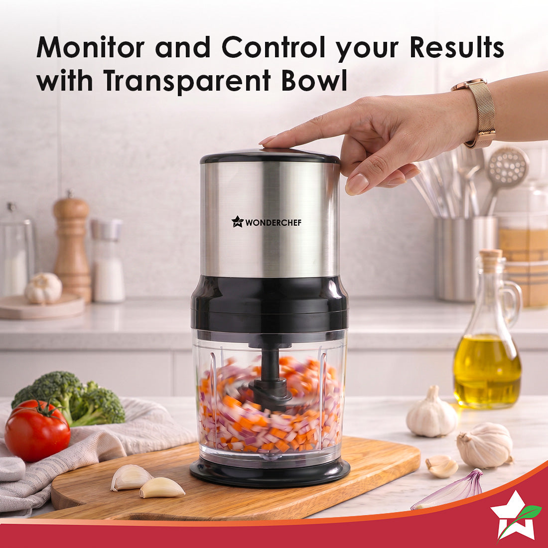Inox Kitchen Vegetable Chopper, 350W Motor, Chopping/Mincing/Pureeing, Whisk Attachment for Whipping/Beating, Pulse Function for Coarse Chopping, Sharp Stainless-steel Blades, 2-Yr Warranty