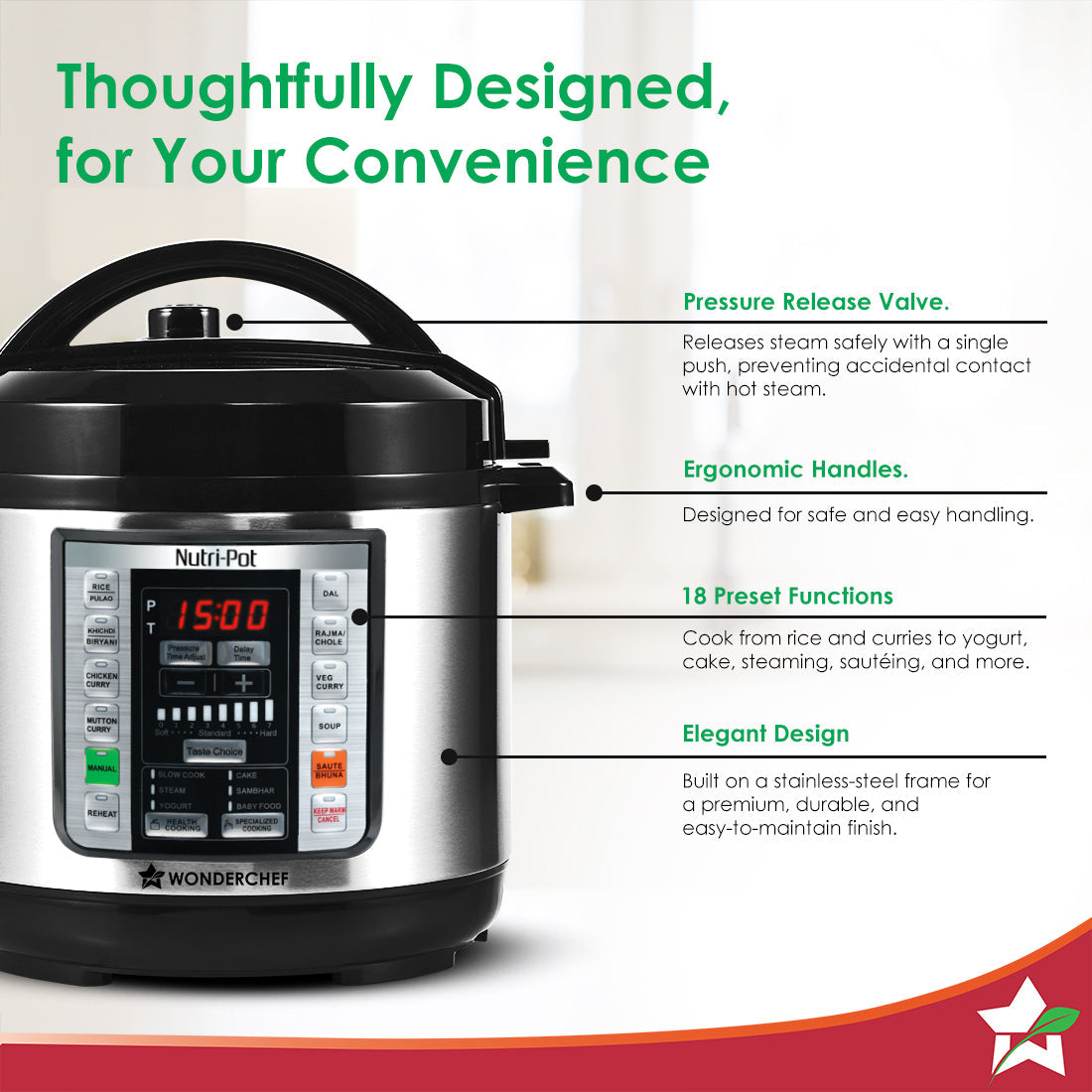 Nutri-pot 3L Electric Pressure Cooker, 18 Pre-set Options, 304 Stainless Steel Inner Pot, Slow Cook, Rice/Millets, Steam, Sauté, Dal/Khichdi/Yogurt Maker, Re-heat, Keep Warm, 2-Yr Warranty