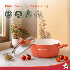 Natura Ceramic Casserole & Glass Lid for Cooking, 24cm, 4.5L, Non-toxic Chemical-free Coating, PFOA/PFAS-Free, For Kitchen, Scratch-resistant, Gas & Induction Compatible, 2-Yr Warranty, Peach