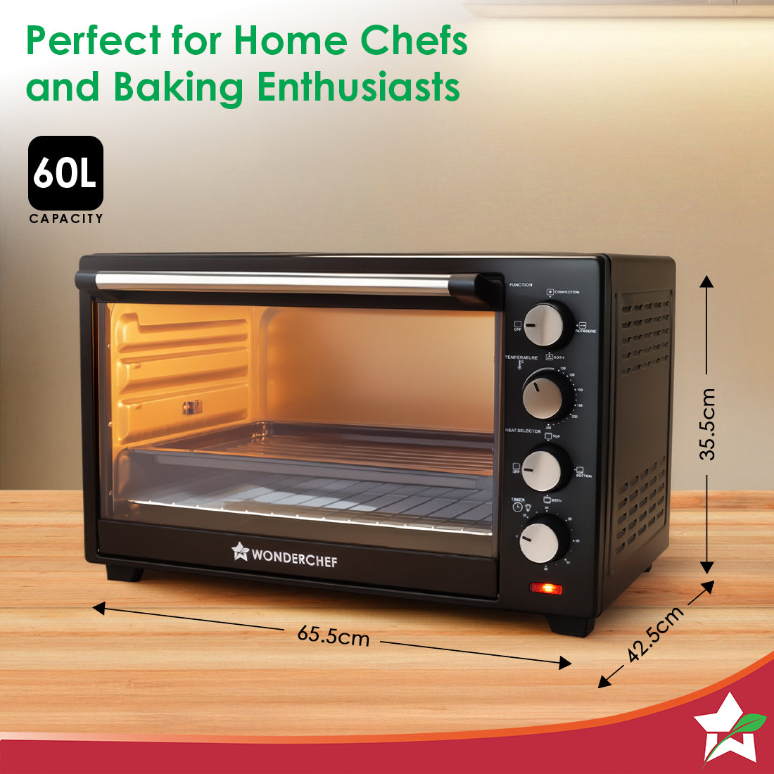 Oven Toaster Griller (OTG) - 60 L | With Rotisserie | Auto-Shut Off | Heat-Resistant Tempered Glass | 6-Stage Heat Selection Bake, Grill, Roast | Easy to Clean | Black | 2 Year Warranty